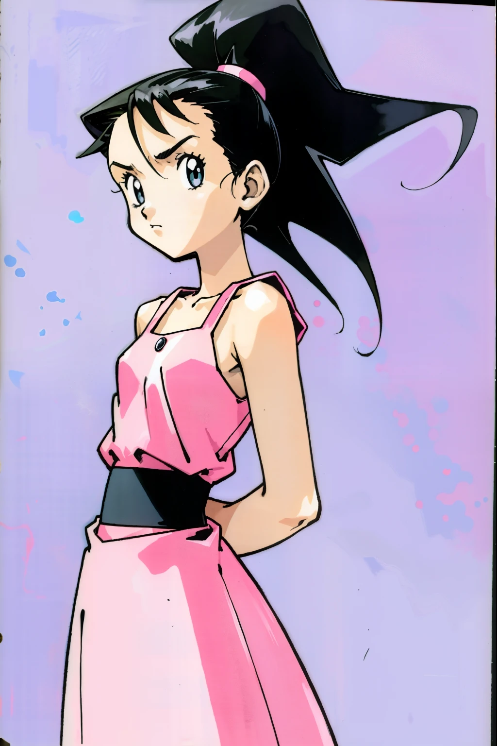 by Ken Sugimori, sugimori 1990s, ((only 1girl)), bored, , pink dress, no breasts, flat chest, ((hands behind their back)), full black pupils, manga, best quality, highly detailed, clean lines, cowboy shot, good hands, good eyes, hd, 8k, professional, symmetrical, hires, 8k,