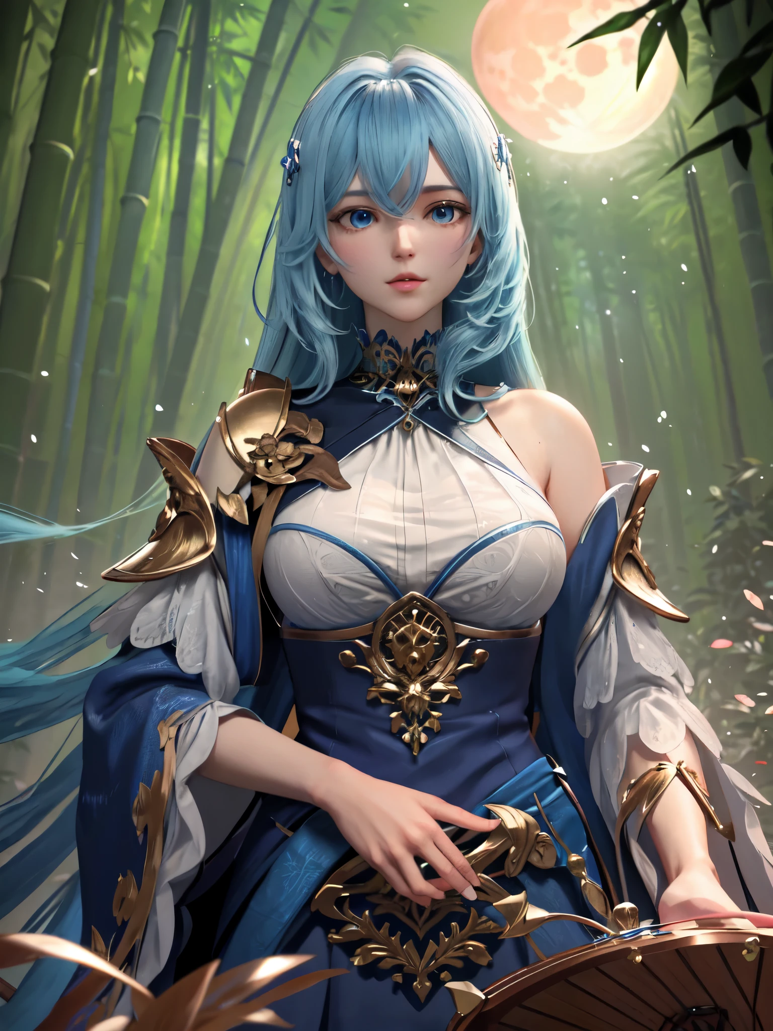 royal blue seven-string zither, floating and glowing in a deep bamboo forest, surrounded by subtle halos, background of dense bamboo leaves and hazy moonlight, light from the silver glow of the moon, close-up capturing the luster and delicate texture of the zither,masterpiece,best quality,highly detailed,8k,rich backgroung,3d rendering,cg rendering, hyper-detailed rendering --ar 3:4