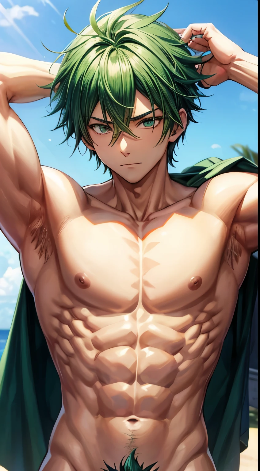 Anime guy shirtless muscular with green hair