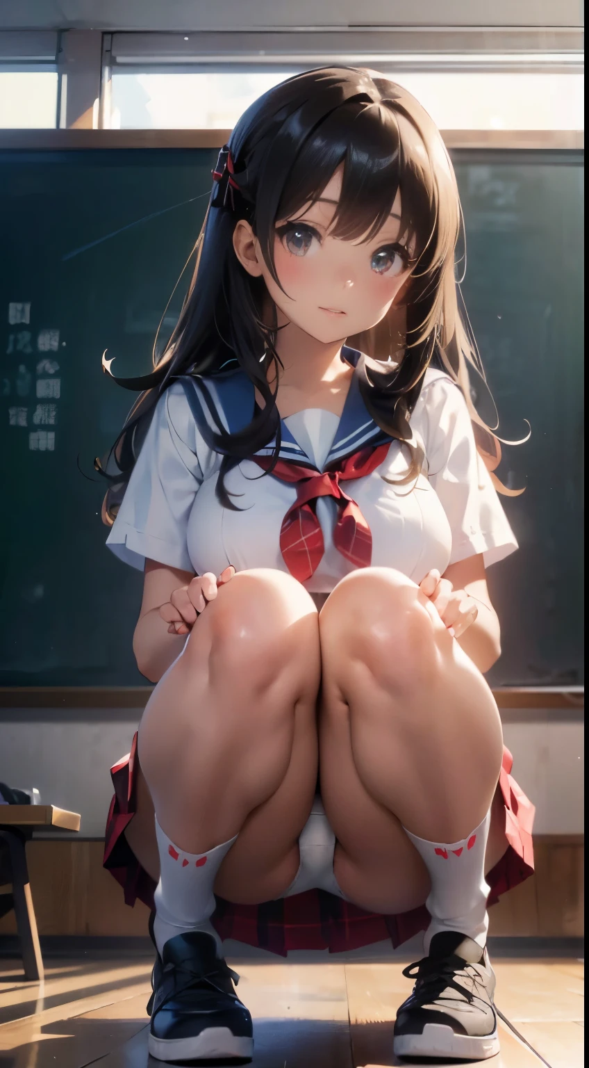 Anime girl sitting in the classroom in front of the blackboard, beautifulアニメのhigh school girl, cuteアニメの女の子, white panties,cute, seductive anime girl, anime moe art style, squatbeautifulアニメの女の子, anime best girl, Smooth anime CG art, attractive anime girl, cotton panties,young anime girl、sneakersを履く、white panties、full color、(highest quality:1.2)、High resolution、High resolution、In 8K、genuine実写、Raw photo、highest quality、masterpiece、 very delicate、High resolutionの生のカラー写真、professional photography、 wonderful face and eyes、超High resolution、Raw photo、beautiful、beautiful、beautiful girl、(alone:1.2)、 black hair、big breasts 、blush、smile、big breasts、 view audience、squat、(Crouching panty shot:1.2)、fully exposed panties、blush、shy smile、Obscene content、porn、high school girl、alone座る'knees、sit with your heels on the ground、両手でkneesを抱える、turn your shins forward、body turns forward、sit with your heels on the ground、spread legs、open crotch、white panties、8k photo、Live shooting、最High resolution、masterpiece:1.2、genuine、photogenuineistic、high contrast、photon mapping、genuineism、Super detailed、professional lighting、Low - Angle:1.2)、(1 girl)、(alone:1.5)、(Height is 165cm), (16才のhigh school girl), (Japanese high school uniform)、(summer blouse:1.2)、(red plaid short skirt:1.2)、(white shirt with student red ribbon:1.2)、(squatting down looking straight ahead)、(open crotch:1.2), (white panties:1.5)、(camel toe)、(sneakers:1.2)、 (perfect proportions:1.2), (スカートの下からwhite pantiesが見える:1.5), (The detailed shape of a woman's private parts is clearly visible:1.4), (have pubic hair:1.4), (textured skin)、I can see the cleavage、(8K、Raw photo、highest quality、masterpiece:1.2)、(genuineistic、フォトgenuine)、1 girl、((white blouse、sailor suit、red tie、knees下丈の赤チェックプリーツスカート))、(high school girl)、rolled up the skirt、gal、lots of eyelashes、Glitter on your eyelids、skeletally correct、thighs are open、wavy twin tails、cutesmile、魅力的なボディ beautiful完璧なボディ、V line emphasis、put your hands behind your head、Beautifully aligned fingertips、