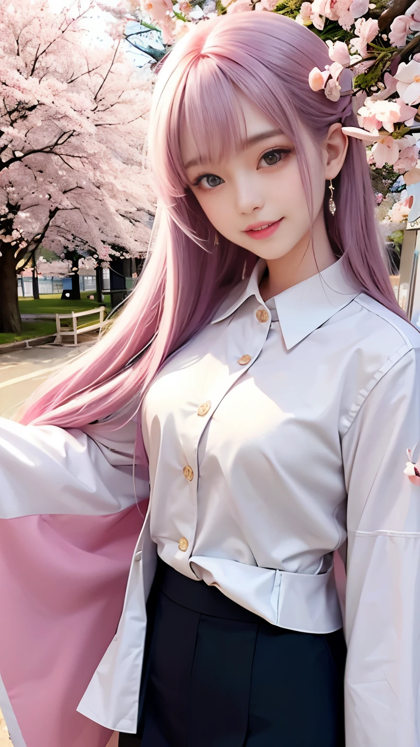 woman, formal suits in soft colors, soft colored hair、cherry blossoms吹雪、forest、cherry blossoms、smile