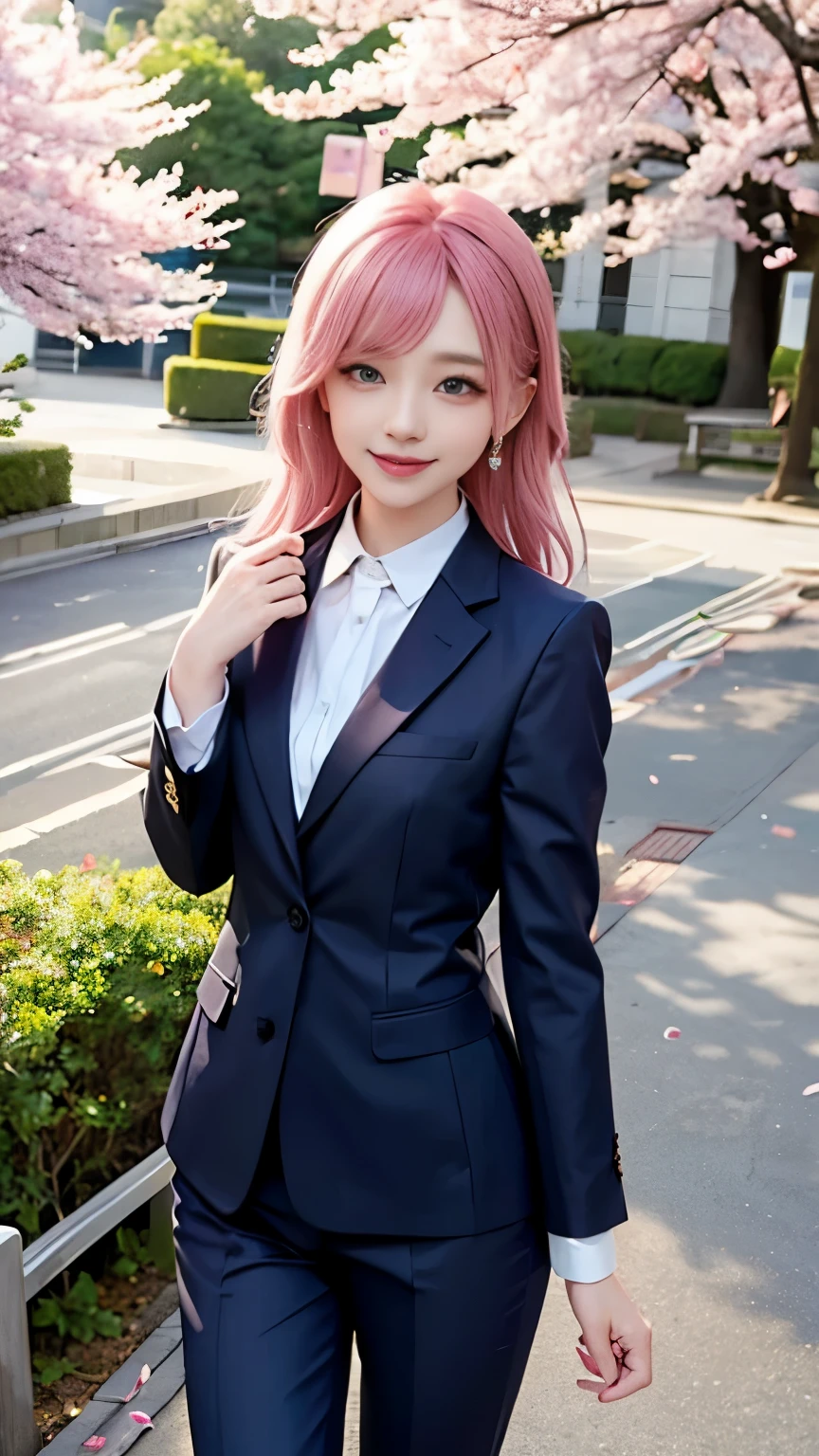 woman, formal suits in soft colors, soft colored hair、cherry blossoms吹雪、forest、cherry blossoms、smile