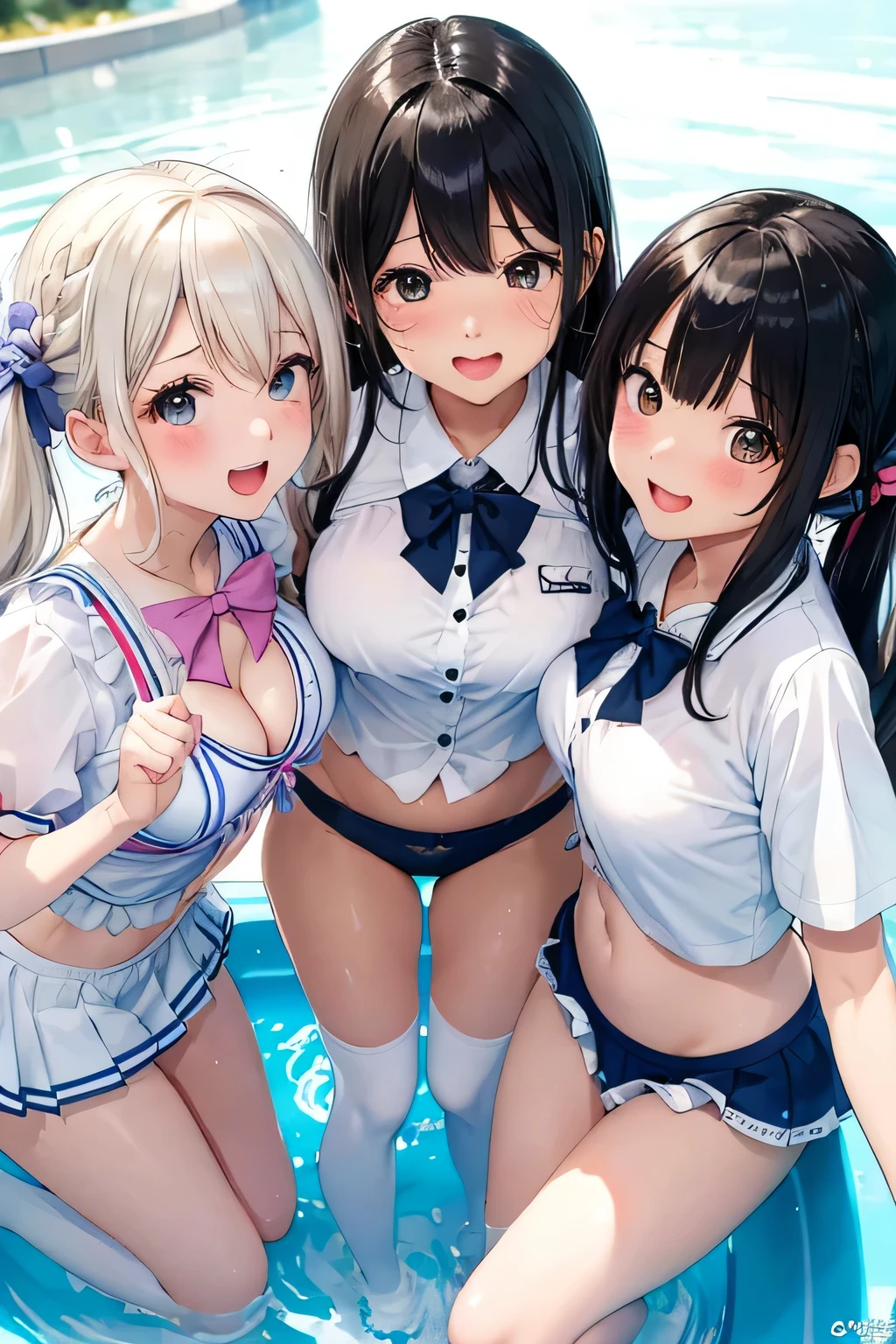 highest quality、High resolution、detailed background、Beautiful and dense face、beautiful and smooth skin、skin texture、black hair braid twintails、(huge breasts:1.3)、(realistic:1.2)、perfect body line、(3人のcute女の子:1.5)、White floral embroidered panties、No bra、
((シースルー素材のcuteカラーのノースリーブセーラーワンピース:1.5))、white sailor collar、white knee high socks、white overknee socks、
(Three people having fun at a water play spot:1.2)、Laugh playfully、smile、sexual expression、emphasize the chest、emphasize cleavage、underboob、panty shot、My clothes are wet and transparent、
Puff out your cheeks to express shyness or cuteness、
Wrap your hair around your fingers、Put your hair back behind your ears、Express your happiness and excitement by making small jumps。、
express energy and activity、
Put your hand over your mouth to express surprise or embarrassment、
A cute gesture that can bring out your cuteness and modesty.、Bow or wave?、cute

