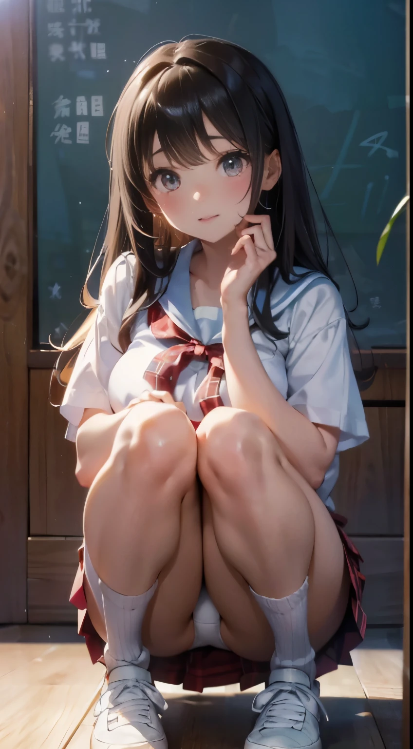 Anime girl sitting in the classroom in front of the blackboard, beautifulアニメのhigh school girl, cuteアニメの女の子, white panties,cute, seductive anime girl, anime moe art style, squatbeautifulアニメの女の子, anime best girl, Smooth anime CG art, attractive anime girl, cotton panties,young anime girl、sneakersを履く、white panties、full color、(highest quality:1.2)、High resolution、High resolution、In 8K、genuine実写、Raw photo、highest quality、masterpiece、 very delicate、High resolutionの生のカラー写真、professional photography、 wonderful face and eyes、超High resolution、Raw photo、beautiful、beautiful、beautiful girl、(alone:1.2)、 black hair、big breasts 、blush、smile、big breasts、 view audience、squat、(Crouching panty shot:1.2)、fully exposed panties、blush、shy smile、Obscene content、porn、high school girl、alone座る&#39;knees、sit with your heels on the ground、両手でkneesを抱える、turn your shins forward、body turns forward、sit with your heels on the ground、spread legs、open crotch、white panties、8k photo、Live shooting、最High resolution、masterpiece:1.2、genuine、photogenuineistic、high contrast、photon mapping、genuineism、Super detailed、professional lighting、Low - Angle:1.2)、(1 girl)、(alone:1.5)、(Height is 165cm), (16才のhigh school girl), (Japanese high school uniform)、(summer blouse:1.2)、(red plaid short skirt:1.2)、(white shirt with student red ribbon:1.2)、(squatting down looking straight ahead)、(open crotch:1.2), (white panties:1.5)、(camel toe)、(sneakers:1.2)、 (perfect proportions:1.2), (スカートの下からwhite pantiesが見える:1.5), (The detailed shape of a woman&#39;s private parts is clearly visible:1.4), (have pubic hair:1.4), (textured skin)、I can see the cleavage、(8K、Raw photo、highest quality、masterpiece:1.2)、(genuineistic、フォトgenuine)、1 girl、((white blouse、sailor suit、red tie、knees下丈の赤チェックプリーツスカート))、（high school girl）、rolled up the skirt、gal、lots of eyelashes、Glitter on your eyelids、skeletally correct、thighs are open、wavy twin tails、cutesmile、魅力的なボディ beautiful完璧なボディ、V line emphasis、put your hands behind your head、Beautifully aligned fingertips、