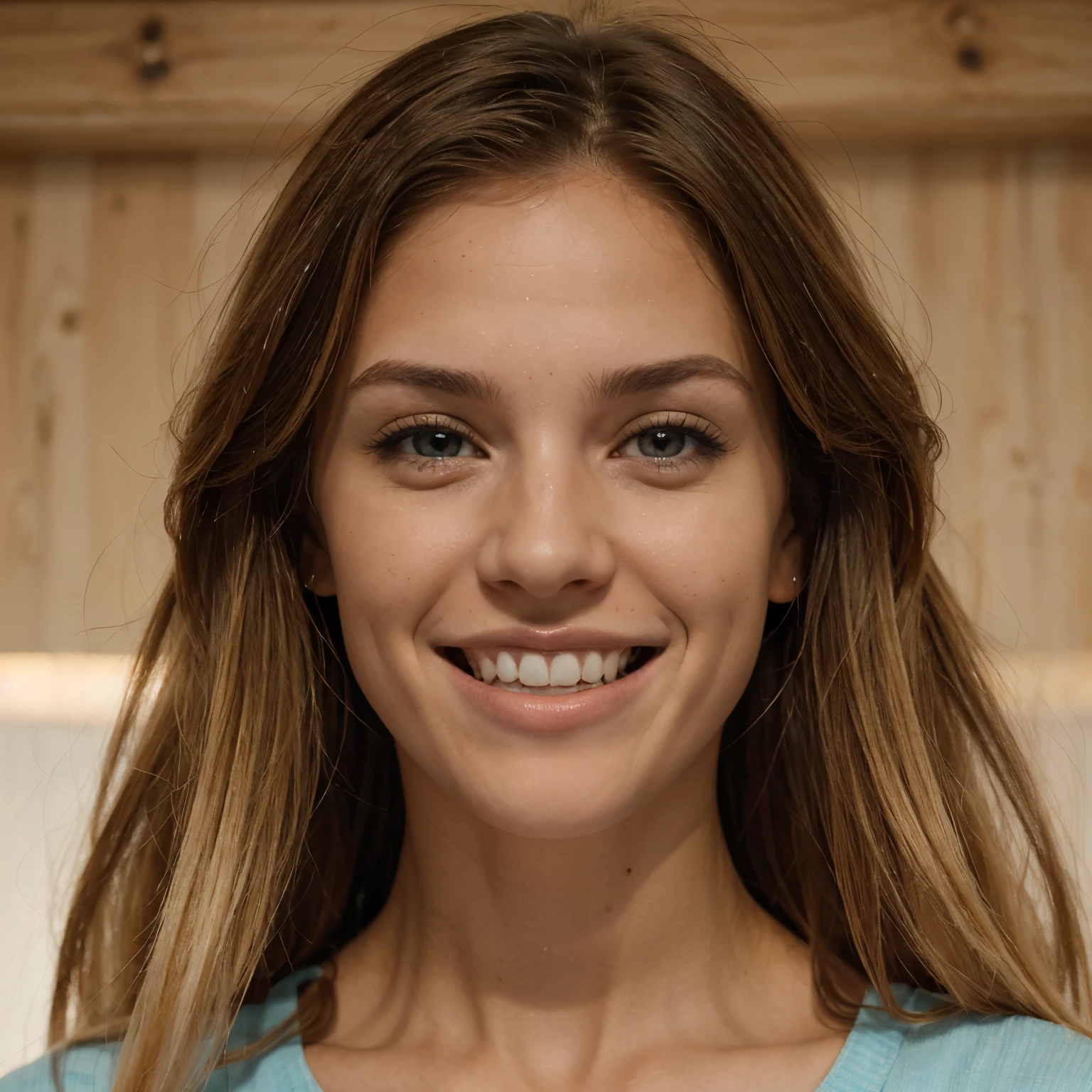 Chica rubia, con ojos azules. El pelo largo y liso. De figura esbelta pero no muy delgada. athletic. Nariz fina y levemente respingona. Perfect teeth but with a slight gap in the two upper teeth. Sonrisa muy bonita y amplia. 