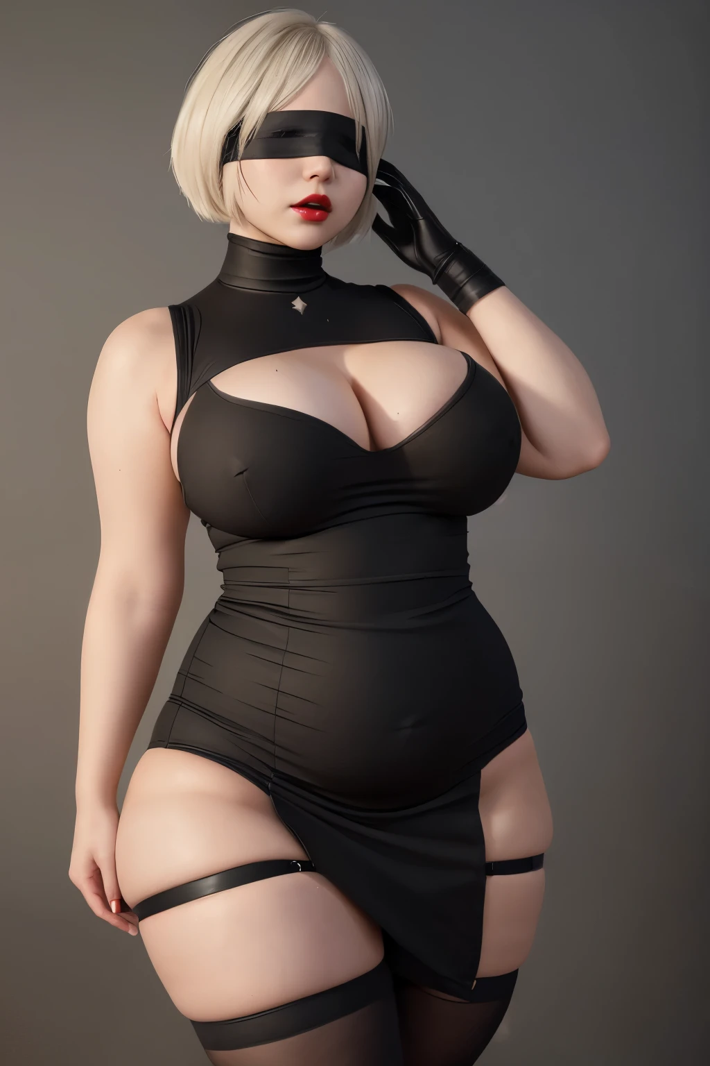 ((masterpiece)), ((photorealistic)), ((8k wallpaper)), ((best quality)), (perfect quality), solo, girl, Yorha 2b, short white hair, pose: ( shy pose, arm on waist, sexy pose), face: ( very beautiful face, perfect face, blindfold, makeup, young, round face, red lips), figure: (very full body, big breasts, (very thick), (sexy curves), (very curvy), (very chubby), (very chubby belly), (very chubby belly bottom), (belly bulge), wide waist, (big deep navel), thick thighs), clothes: (tight black short dress, ripped dress, blindfold, black tights)