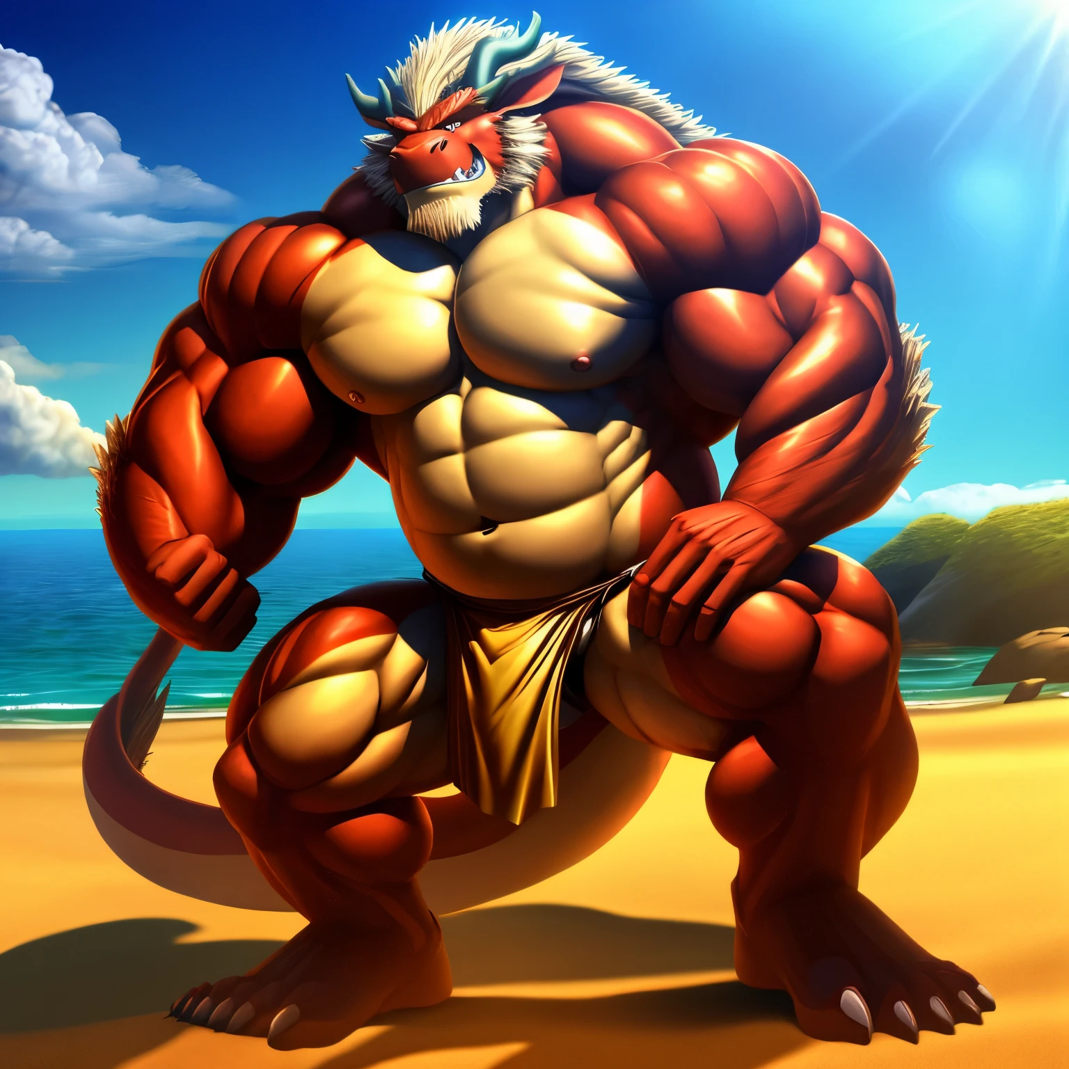  kaido,  eastern dragon king, male dragon, eastern dragon, very big muscles, hulking,  extremely strong, big abdominal muscles, hefty musclegut, pecs, muscular dad body,  Strong and robust musclegut , strong abs, sharp  claws, dragon feet claw, full body, loincloth, one piece, HDR,  nipples, sunlight, daylight, outdoor, bright , sunshine, at noon, fighting pose, good weather,  on sea beach, 8k, best quality .