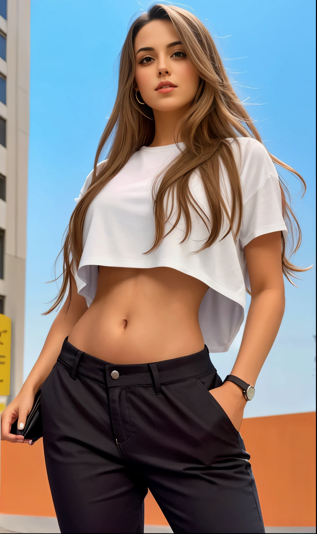 short-haired woman with long hair posing in front of a building, crop shirt and strong abdomen, a menor barriga de todos os tempos, barriga exposta, her belly button is exposed, linda barriga, corte de meio corpo, with abdomen, Physicist : a menor barriga de todos os tempos, abdomen, apta, usando um top cropped sexy