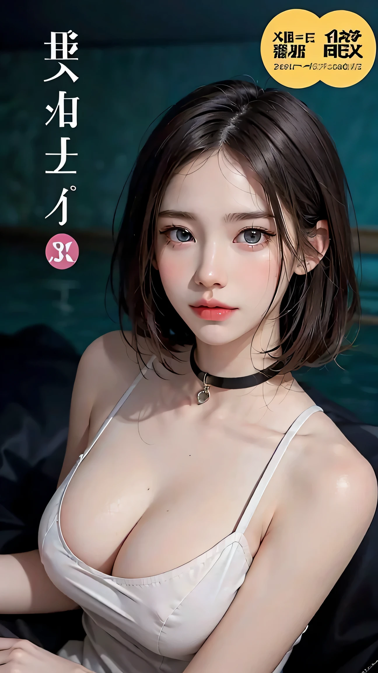 masterpiece, highest quality, 1 girl, (beautiful girl, RPG Maker:1.2), (:1.2), very good eye clarity, (symmetrical eyes:1.3), (hot spring, , cover 1&#39;steam on body:1.3), (big breasts: 1.2), cleavage, gray hair, bob cut, purple eyes，thin waist，See-through，erect nipples，