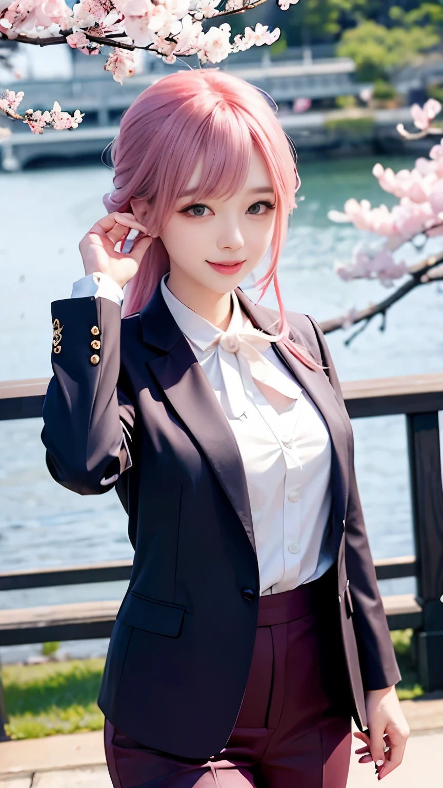 woman, formal suits in soft colors, soft colored hair、cherry blossoms吹雪、forest、cherry blossoms、smile