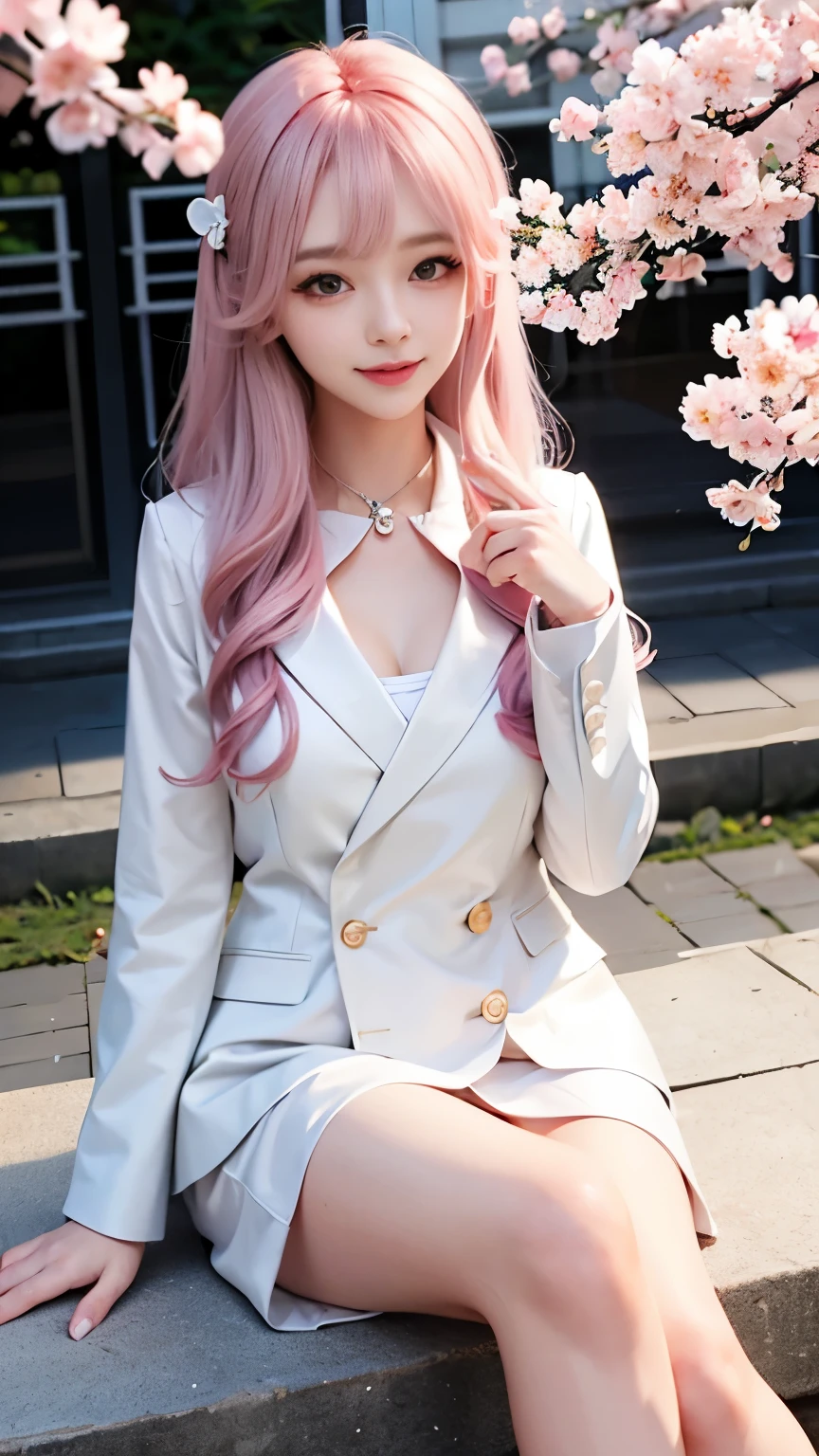 woman, formal suits in soft colors, soft colored hair、cherry blossoms吹雪、forest、cherry blossoms、smile