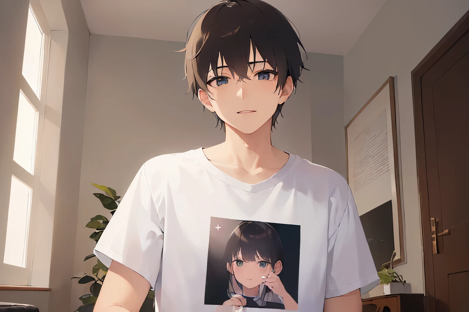 (night, dark:1.5), masterpiece、highest quality、(25 year old male:1.5) and (brown short hair) and (green eyes), wearing a white T-shirt、Are standing、(sad:1.2), smile、The background is the living room、(Alone:1.5)、Upper body is shown、
