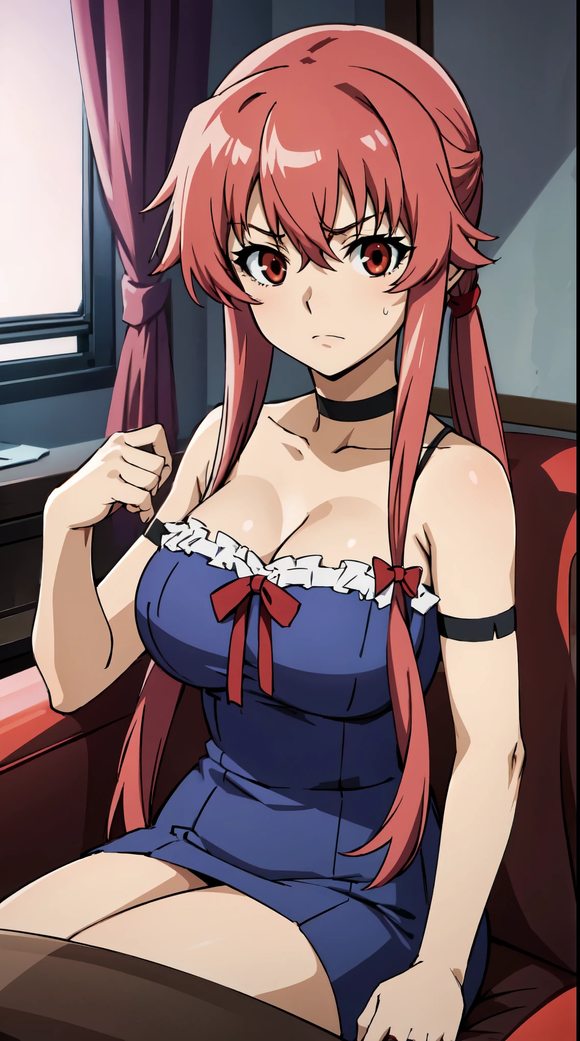 anime_still, masterpiece, best quality, 1girl, Gasai Yuno,large breasts, red eyes, sitting on a couch, wearing a black choker, watching tv in her torture room, blood splatter, dark, psychopath, killer, murderer, angry eyes