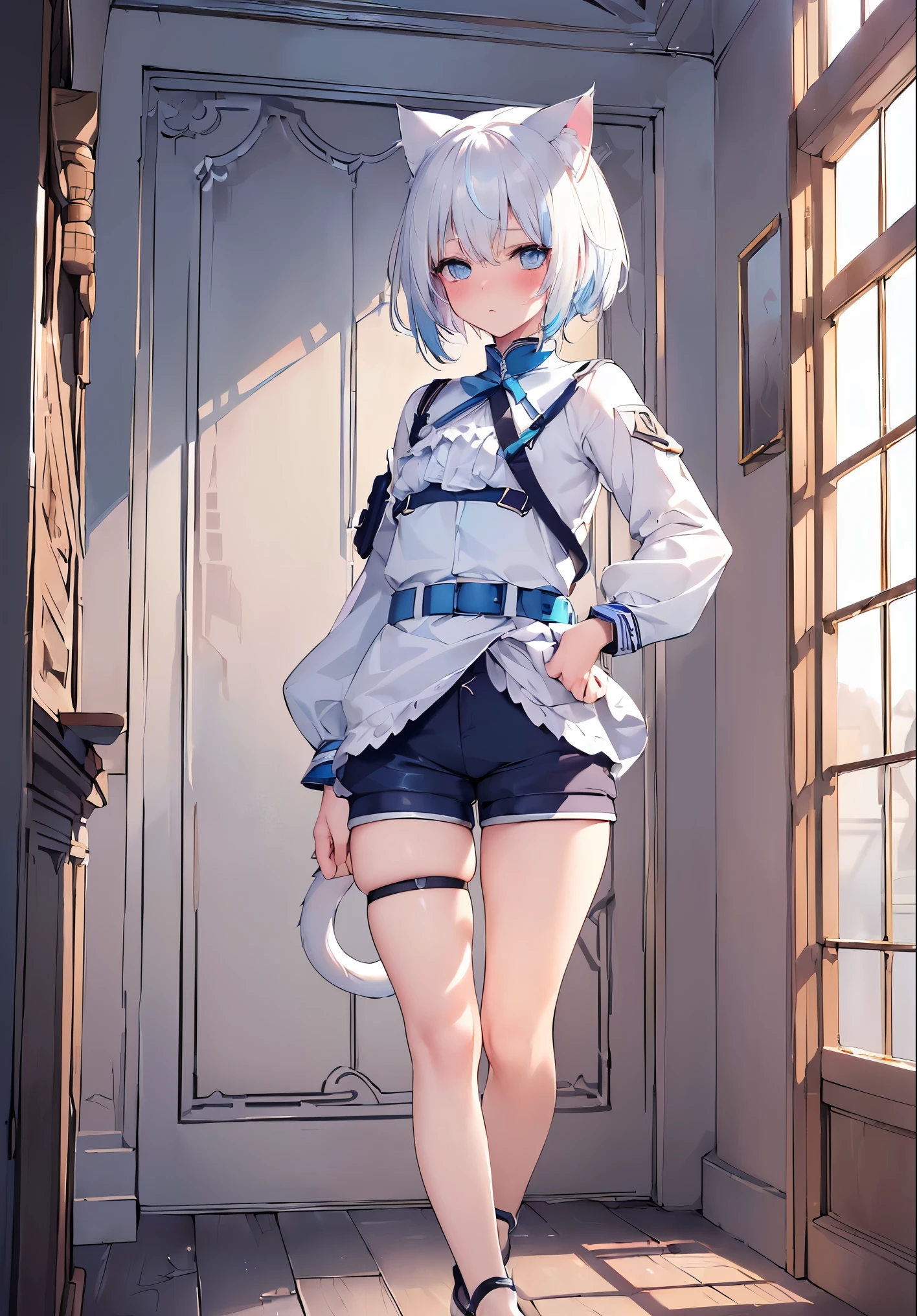 (Masterpiece, Slim Body, Delicate Fingers: 1.2), Best Quality, (Illustration: 1.2), (Hyper Detail), Eye Focus, Ultra Detail, (Fine Detail), (Intricate Detail), HDR, (Ultra Detail: 1.15), (Soft Light: 1.2), 1girl, (tactical outfits:1.5), (uniform:1.5), (short pants:1.5), (White hair and blue highlights:1.5), (light blue eyes:1.3), medium, short hair, solo, (flat chest:1.3), masterpiece, (blushing:1.1), best quality, highly detailed, (fullbody image:1.5), kwaii, (blue inner hair:1.2), (two-tone hair:1.5), (blushing face:1.4), , (cat ears:1.4), cat tail, (perfect hands, perfect anatomy),(perfect finger:1.3), (cat ears:1.4), standing, (tight straps:1.2), (ancient room:1.5)