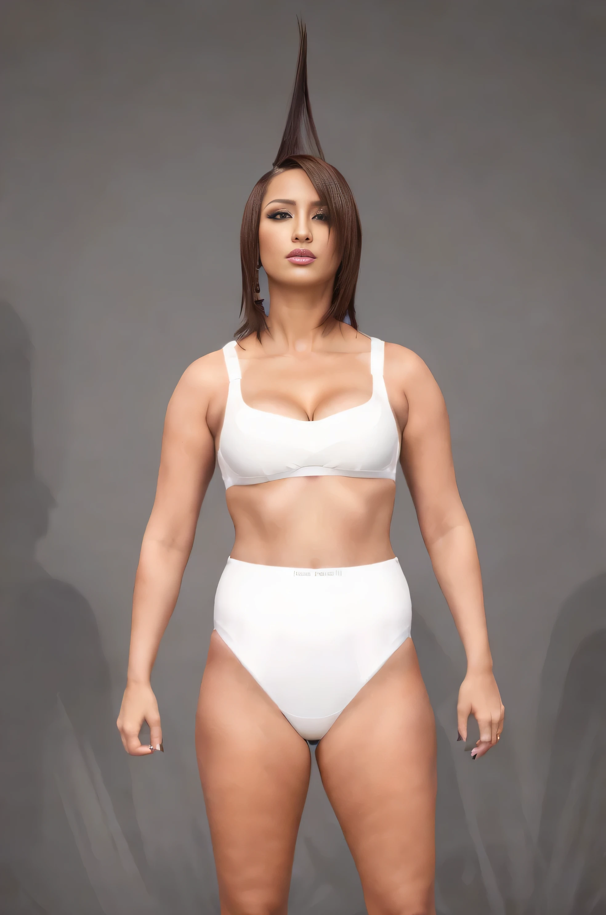 ((masterpiece, best quality)), ((37 year old)), (((Curvy))), (((Latina with brown mohawk hair and bangs)), in white sports bra, ((white high cut panties)), Standing in front of a grey screen, (((photo realistic)))