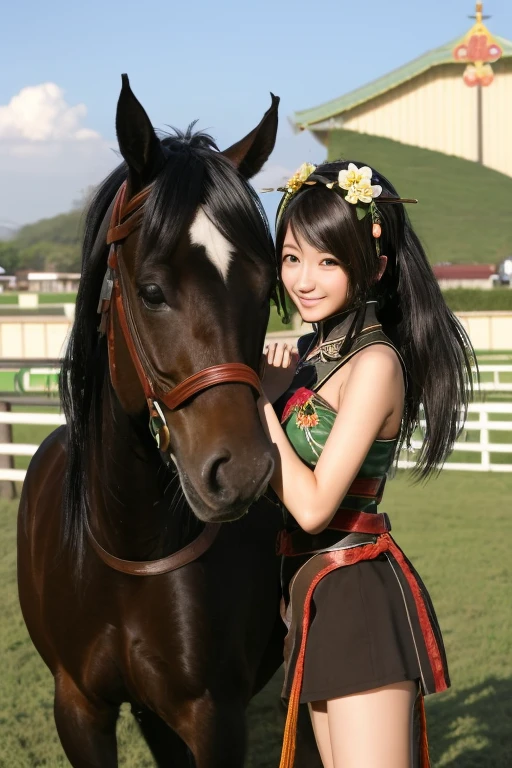 Guan Yinping, Lively，happy, black发, brown eyes, hair accessories, hair flower, Half body, black, 上Half body，pretty face，cute，horse riding