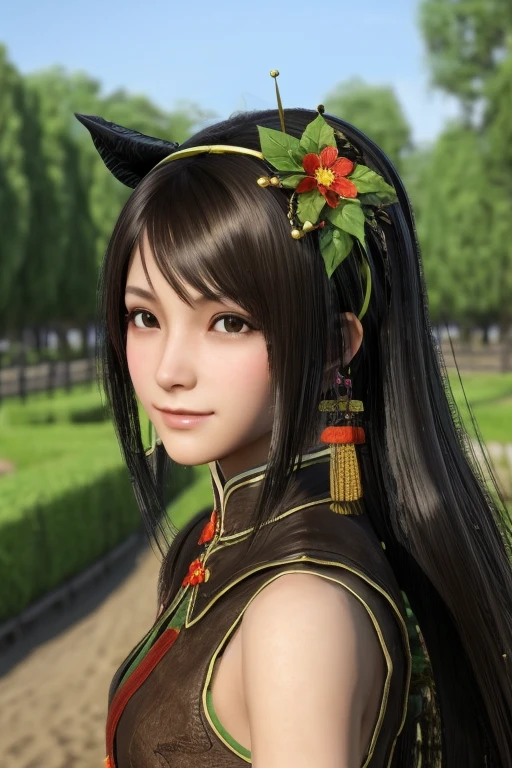 Guan Yinping, Lively，happy, black发, brown eyes, hair accessories, hair flower, Half body, black, 上Half body，pretty face，cute，horse riding