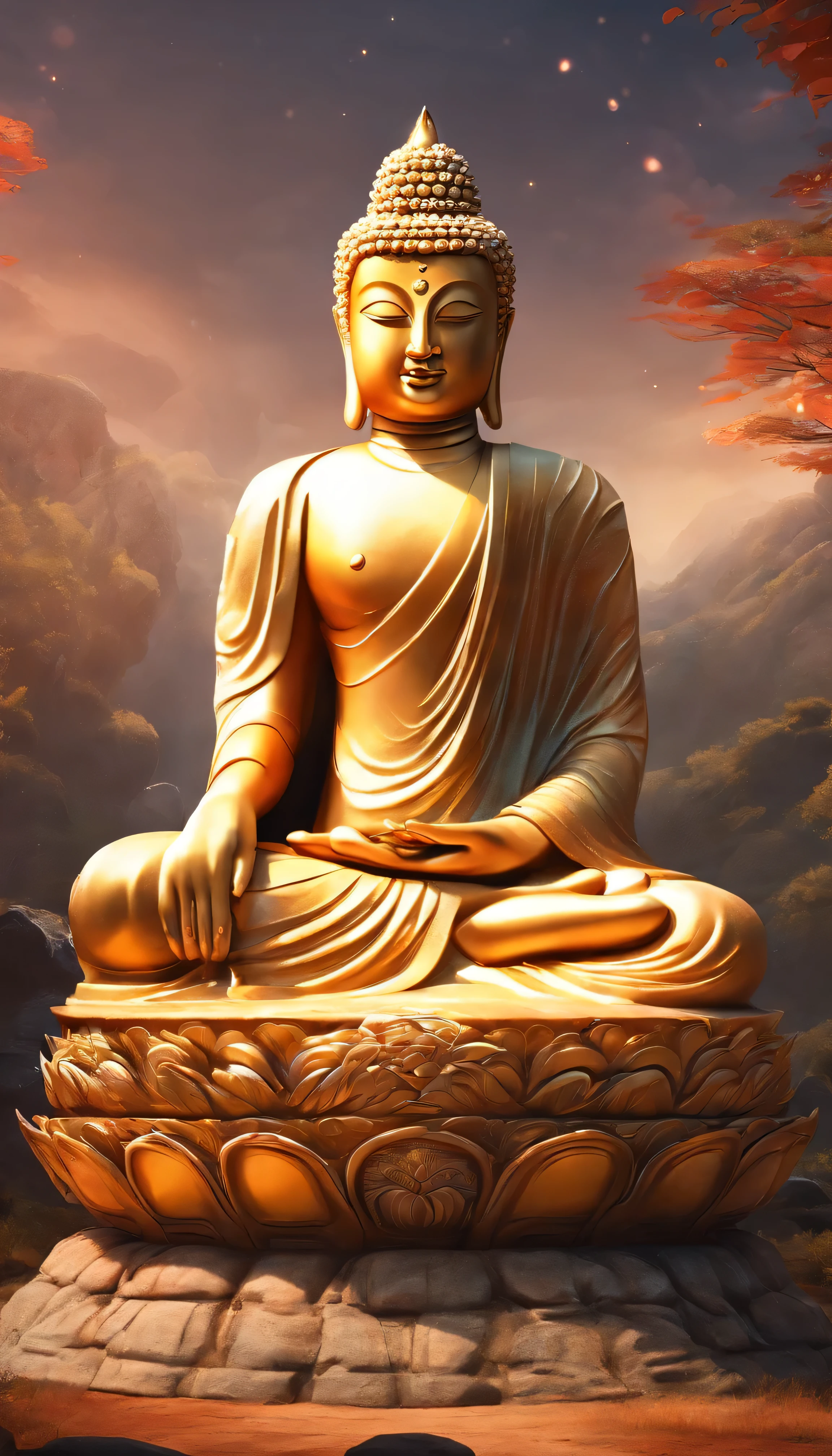 Buddha statue, stone, texture, expensive, majestic, The background is illuminated by sunlight, ((Front view:1.4))
