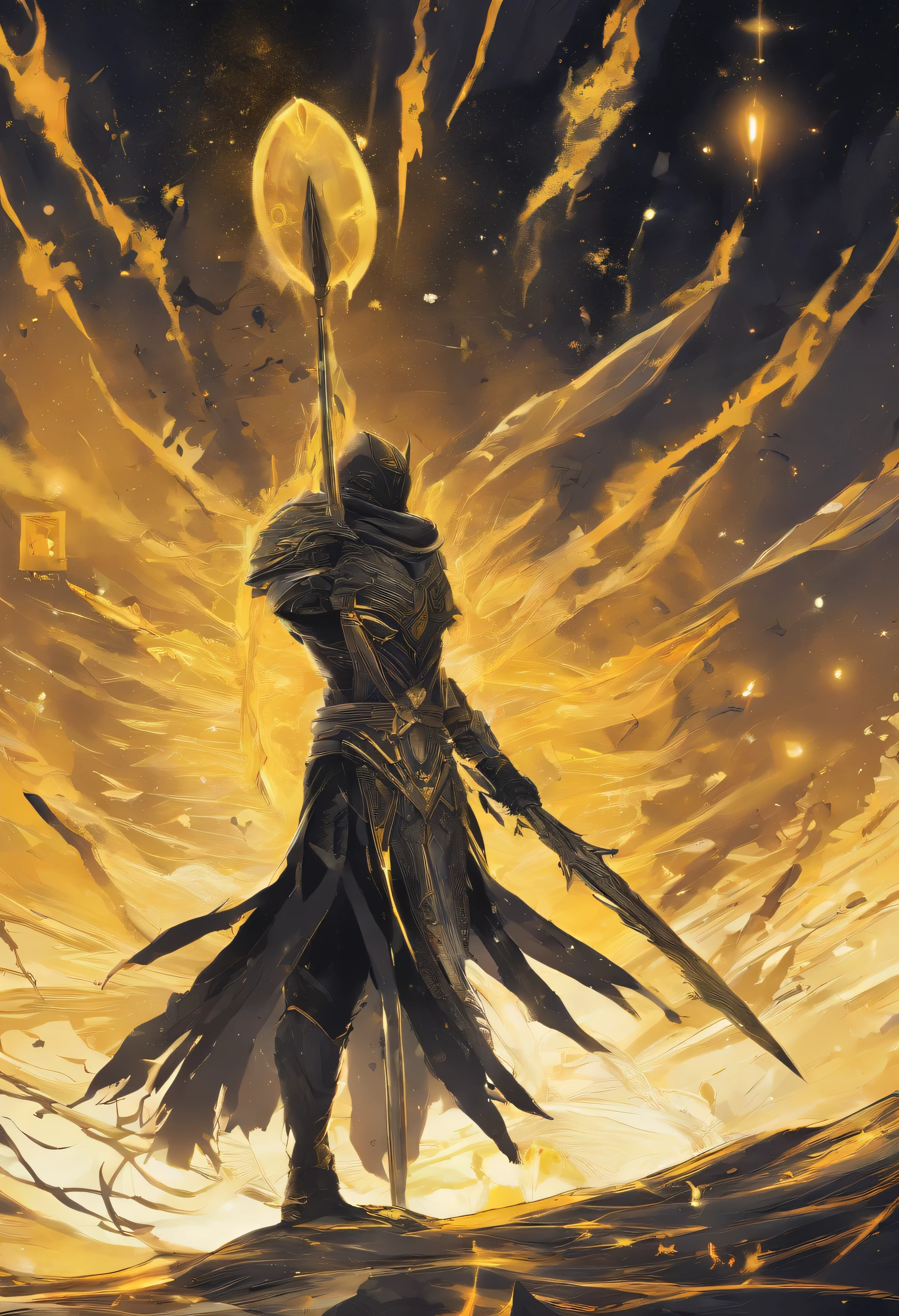 There is a spear,There are yellow and black patterns on it, glowing soul blade, Glowing Barracuda, Parker blade style, raytraced blade, sword, Shiny Parker, Intricate fantasy spear, war blade weapons, medieval spear, magical pike, realistic pike,Cosmic Galaxy