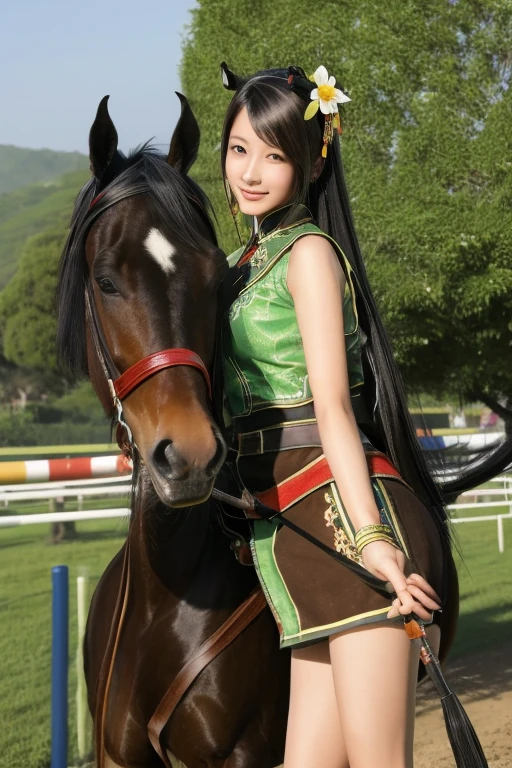 Guan Yinping, Lively，happy, black发, brown eyes, hair accessories, hair flower, Half body, black, 上Half body，pretty face，cute，horse riding