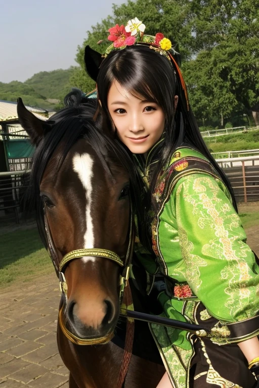 Guan Yinping, Lively，happy, black发, brown eyes, hair accessories, hair flower, Half body, black, 上Half body，pretty face，cute，horse riding