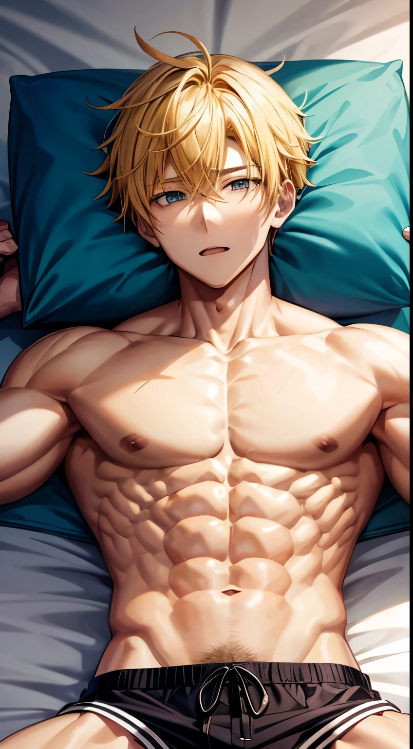 Anime guy shirtless muscular with yellow hair
Lying in the bed
6 pack abs