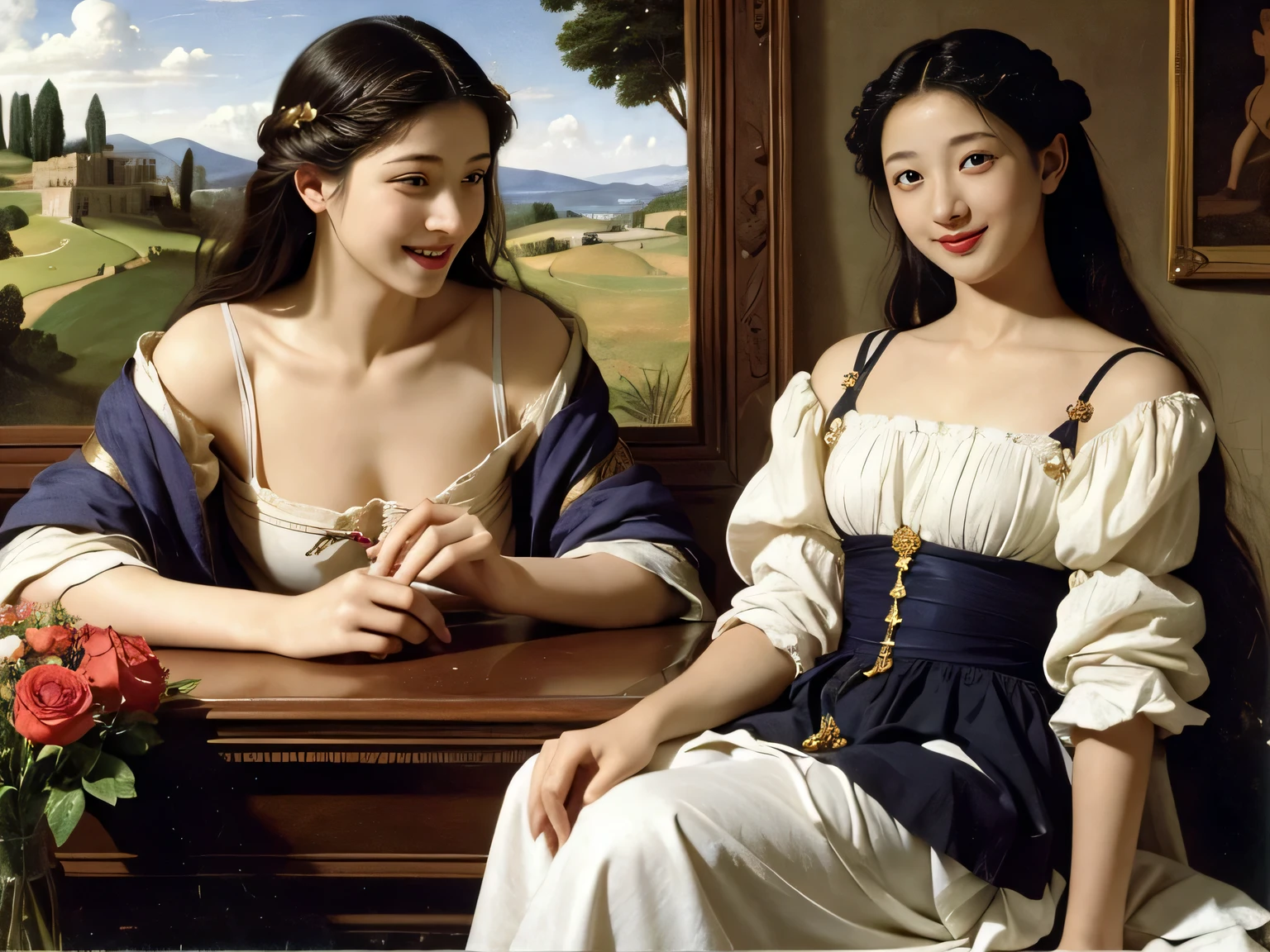 Giorgione painting style,Arguments of two female Philosophe,math、astronomical machine、astronaut、roses in vase、fruits、Cute trinkets、smile、ancient greek costume、Ancient Roman landscape in the style of Nicolas Poussin,laughter,,Sweet and seductive appearance.、Caravaggio's paintings、Chiaroscuro of Caravaggio、hair tousled by the wind,Two women frolicking,cute smile, expression of ecstasy,Sexy,erotic