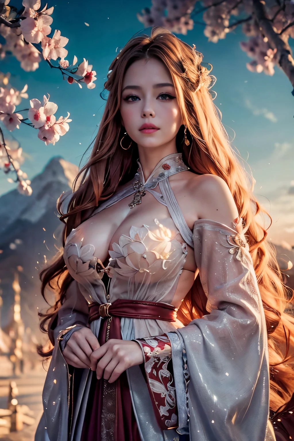 fantasy, portrait, Asia, European appearance, beautiful girl, delicate face, long pale blonde hair, in a beautiful hanfu, emphasizing the figure in light colors, expressive breasts, cherry blossoms in the background, hd