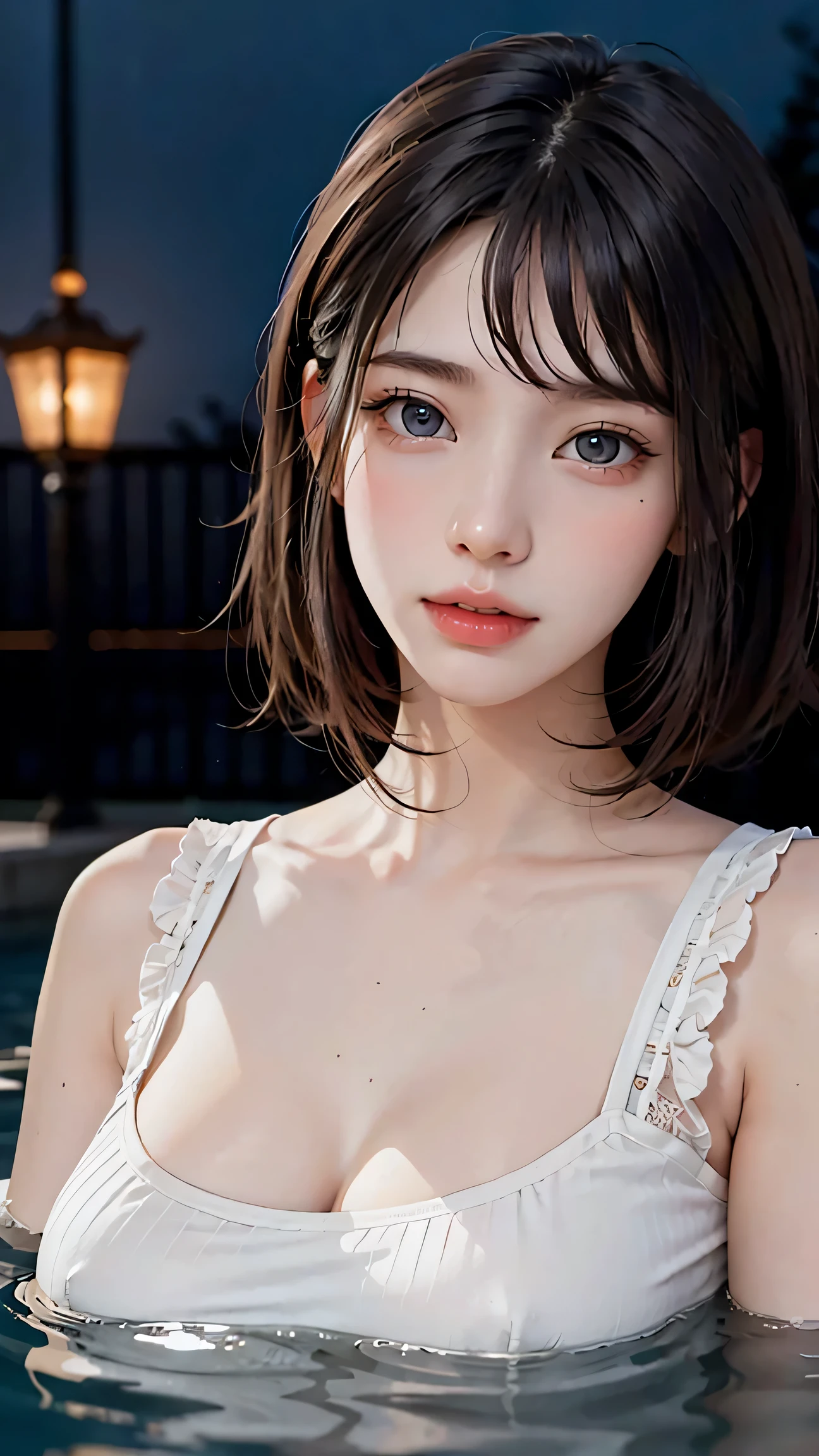masterpiece, highest quality, 1 girl, (beautiful girl, RPG Maker:1.2), (:1.2), very good eye clarity, (symmetrical eyes:1.3), (hot spring, , cover 1'steam on body:1.3), (big breasts: 1.2), cleavage, gray hair, bob cut, purple eyes,thin waist,See-through,erect nipples,
