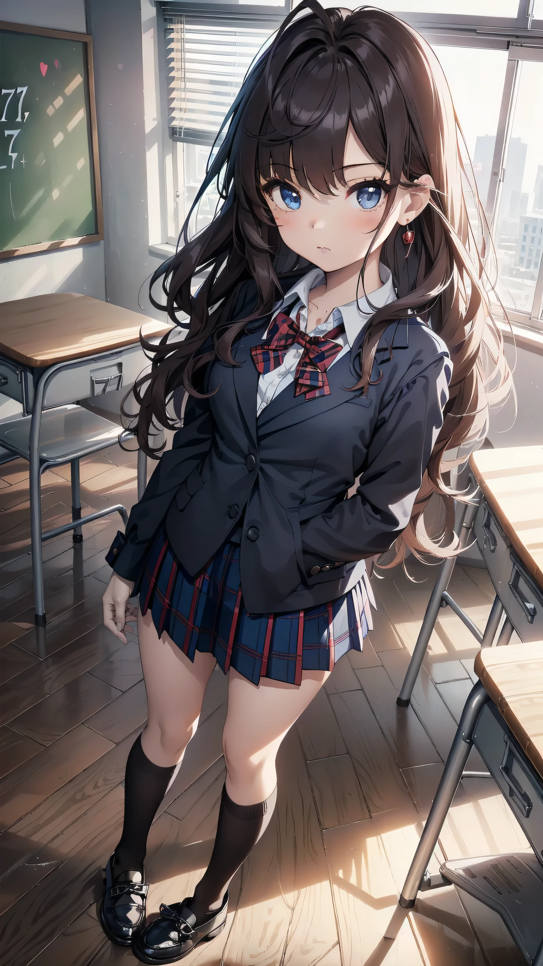 masterpiece, best quality, highres, ichinose shiki, idolmaster, long hair, two side up, hair bow, ahoge, medium breasts, earrings, , school scenery background, classroom (Please draw a single one girl walking in a classroom school :1.3) ((1girl)), (Solo, face,17-year-old:2.0), a high school student. Full limbs, complete fingers, ((perfect fingers)), ((perfect hands)), medium butt, groin, perfect eyes, one american blazer uniform girl ((white blouse with formal collar, navy blue blazer, blue plaid skirt)), ((tartan, check plaid texture skirt)), ((red plaid bow on the blouse)) (Detailed Lighting), (Detailed background), (in the school zone), ((full body view)), ((standing)), ((legs)), uwabaki shoes. beautiful single girl (one girl), full body shot. Background is the school, front body ((walking, standing)), pretty eyelashes, make up, electric eyes, ((black socks)), ((black school shoes))
