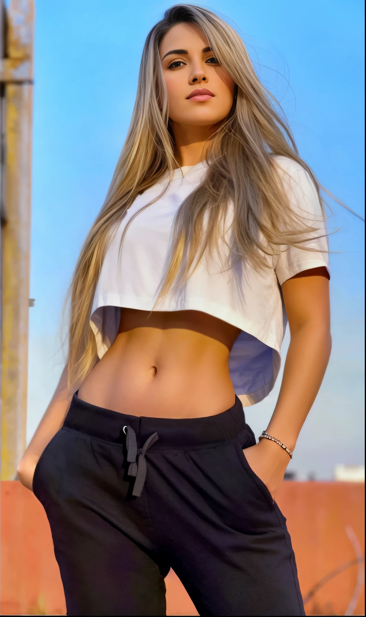 short-haired woman with long hair posing in front of a building, crop shirt and strong abdomen, a menor barriga de todos os tempos, barriga exposta, her belly button is exposed, linda barriga, corte de meio corpo, with abdomen, Physicist : a menor barriga de todos os tempos, abdomen, apta, usando um top cropped sexy