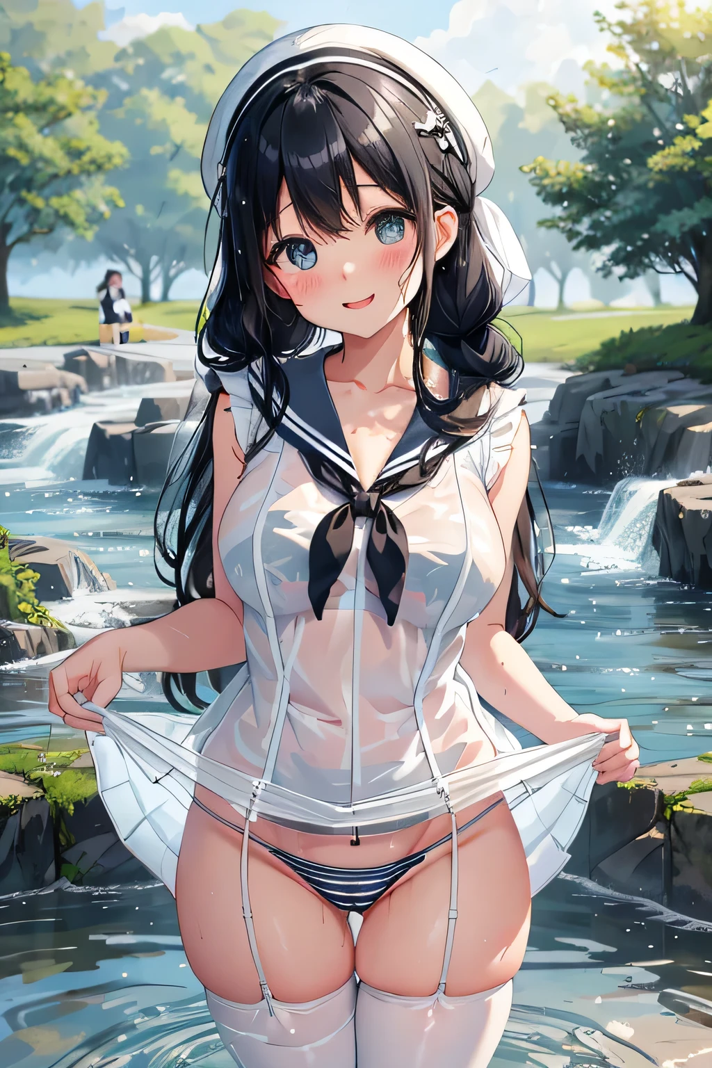 highest quality、High resolution、detailed background、Beautiful and dense face、beautiful and smooth skin、skin texture、black hair braid twintails、(huge breasts:1.3)、(realistic:1.2)、perfect body line、(3人のcute女の子:1.6)、
((Thin white sailor suit made of see-through material:1.3))、((Sheer white sleeveless sailor dress with see-through material:1.3))、white sailor collar、(No panties、No bra:1.2)、(My clothes are wet and transparent:1.2)、the whole body is wet、water dripping、hair is wet、(Three people having fun at a water play spot:1.2)、Laugh playfully、smile、sexual expression、emphasize the chest、emphasize cleavage、emphasize the underboob、
Puff out your cheeks to express shyness or cuteness、Tie your hair around your fingers or place it behind your ear、
Bow or wave?、cute、panty shot、camel toe