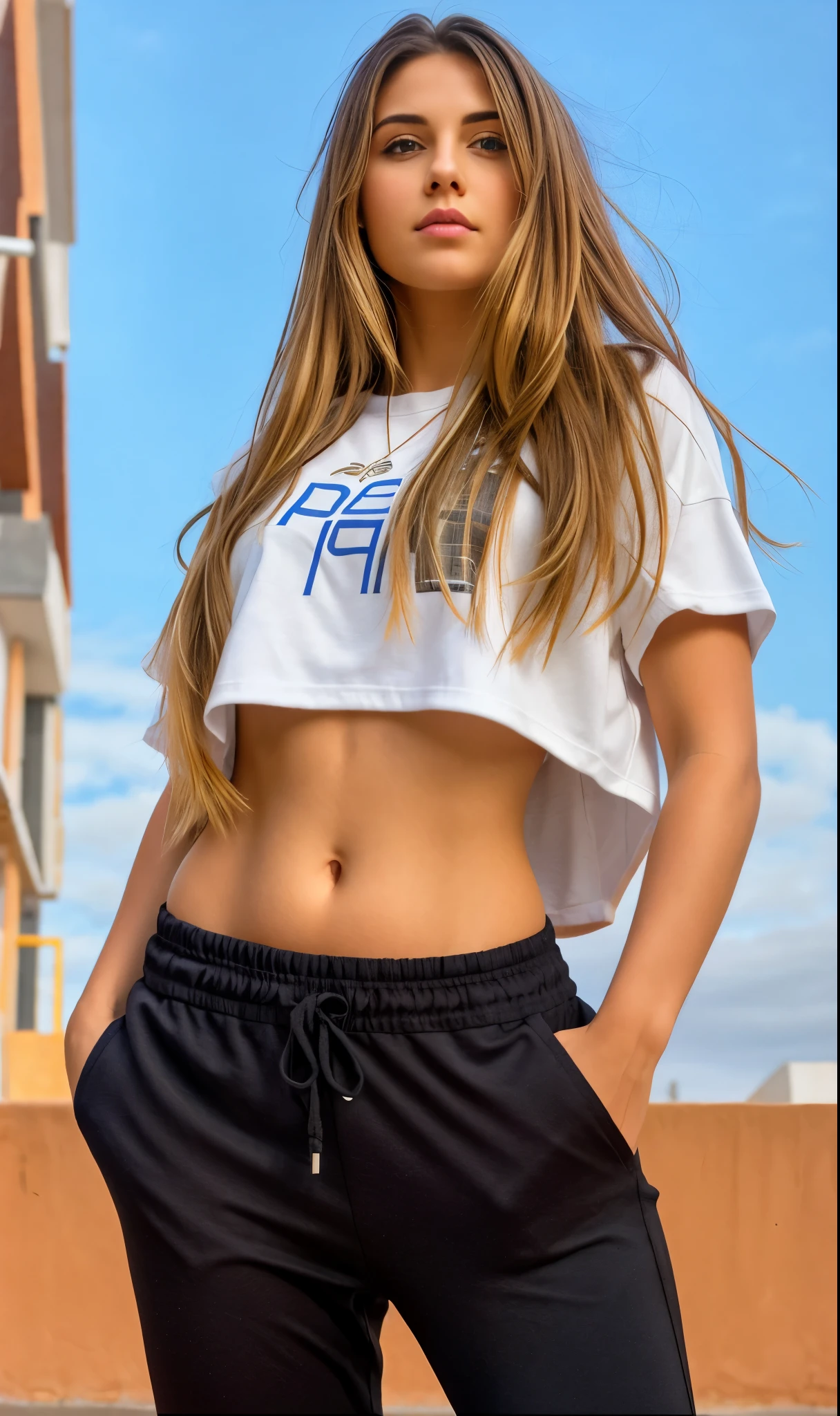 short-haired woman with long hair posing in front of a building, crop shirt and strong abdomen, a menor barriga de todos os tempos, barriga exposta, her belly button is exposed, linda barriga, corte de meio corpo, with abdomen, Physicist : a menor barriga de todos os tempos, abdomen,  apta, usando um top cropped sexy