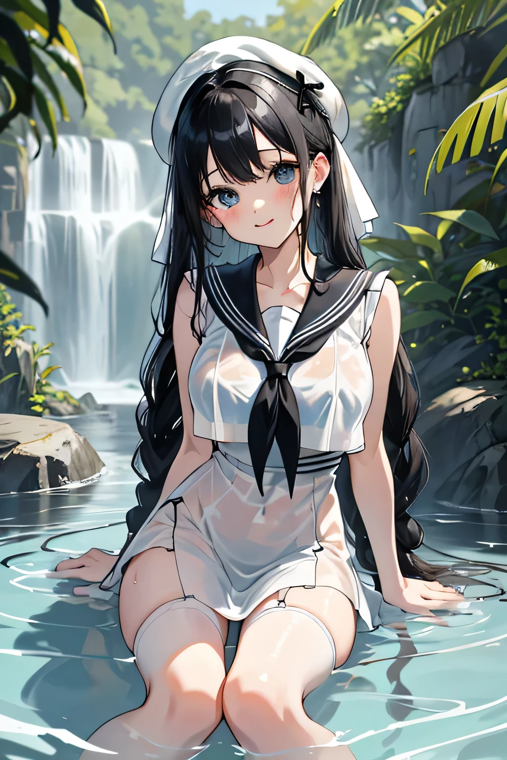 highest quality、High resolution、detailed background、Beautiful and dense face、beautiful and smooth skin、skin texture、black hair braid twintails、(huge breasts:1.3)、(realistic:1.2)、perfect body line、(3人のcute女の子:1.6)、
((Thin white sailor suit made of see-through material:1.3))、((Sheer white sleeveless sailor dress with see-through material:1.3))、white sailor collar、(No panties、No bra:1.2)、(My clothes are wet and transparent:1.2)、the whole body is wet、water dripping、hair is wet、(Three people having fun at a water play spot:1.2)、Laugh playfully、smile、sexual expression、emphasize the chest、emphasize cleavage、emphasize the underboob、
Puff out your cheeks to express shyness or cuteness、Tie your hair around your fingers or place it behind your ear、
Bow or wave?、cute、panty shot、camel toe