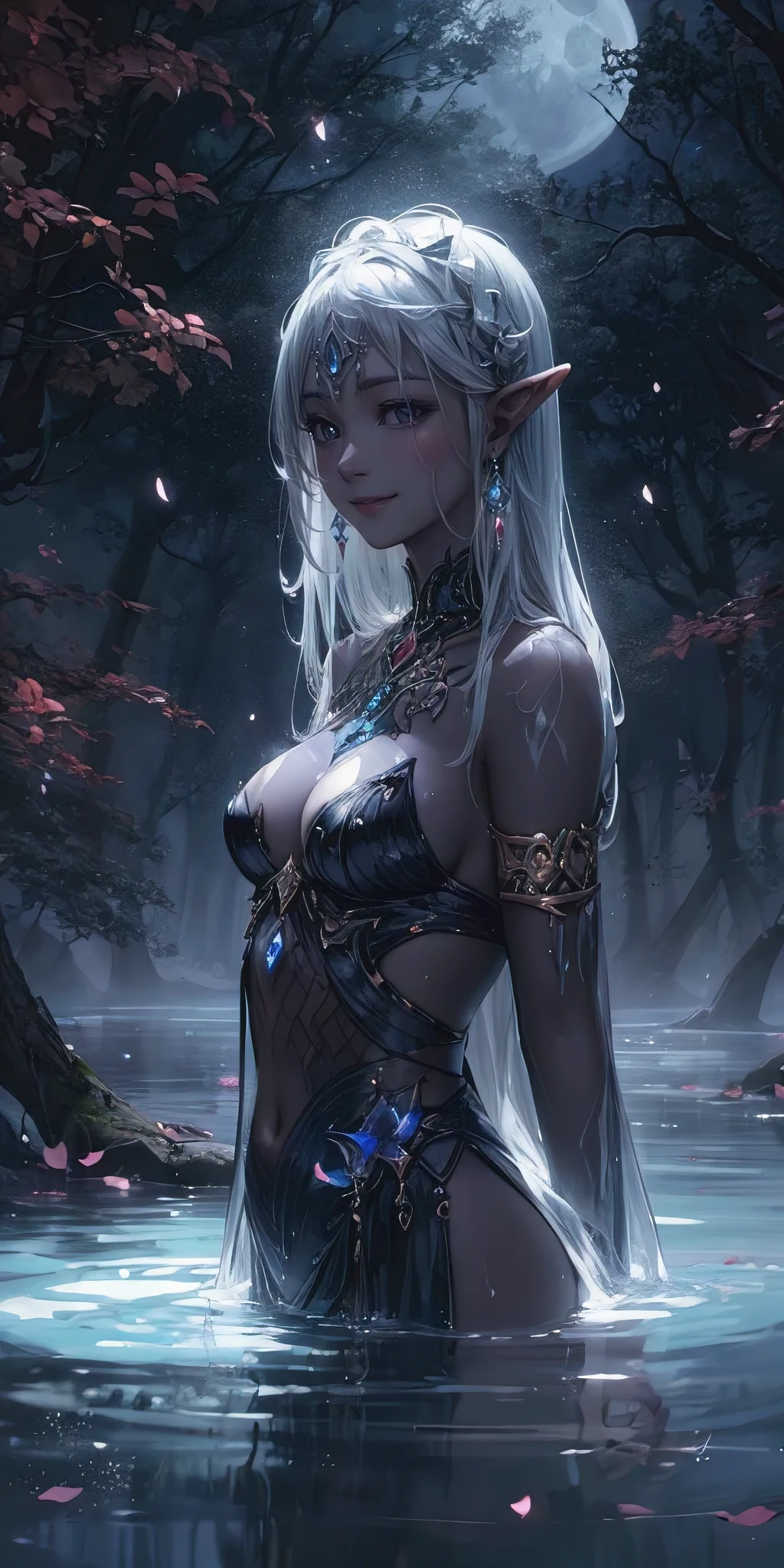(best quality, masterpiece:1.2), An enchanting digital painting portraying a dark elf luxuriously immersed in the tranquil waters of a mystical lake. perfect slim fit body. (perfect body, huge breasts). The scene unfolds in an ethereal forest, where the light of the moon filters through ancient trees, casting a gentle glow on the water's surface. The dark elf's features are captivating, with their distinct elven elegance and the mesmerizing aura that surrounds them. The waters seem to caress their ebony skin as they bathe, creating a captivating juxtaposition of beauty and magic. Created by ElvenWatersArtistry