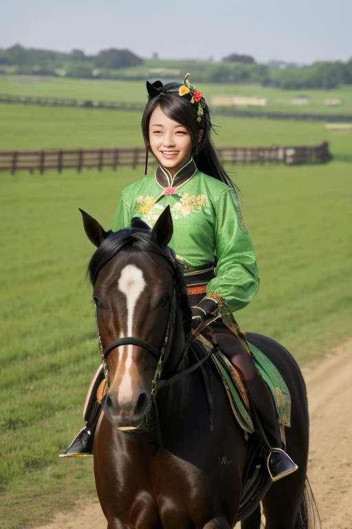 Guan Yinping, Lively，happy, black发, brown eyes, hair accessories, hair flower, Half body, black, 上Half body，pretty face，cute，horse riding，prairie，run