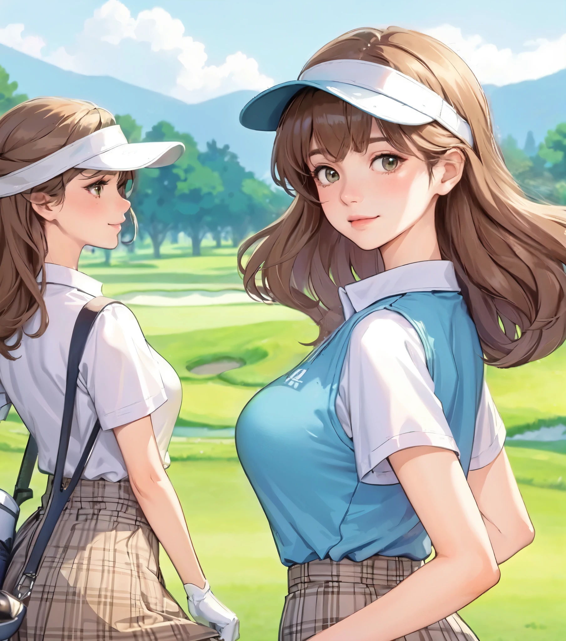 1lady standing, (looking back) (from behind), (golf wear) stylish, cap, mature female, /(light brown hair/) bangs, blush light smile, (closed mouth), (masterpiece best quality:1.2) delicate illustration ultra-detailed, large breasts, glove BREAK (green of golf course) outdoors, (golf club), noon, detailed background
