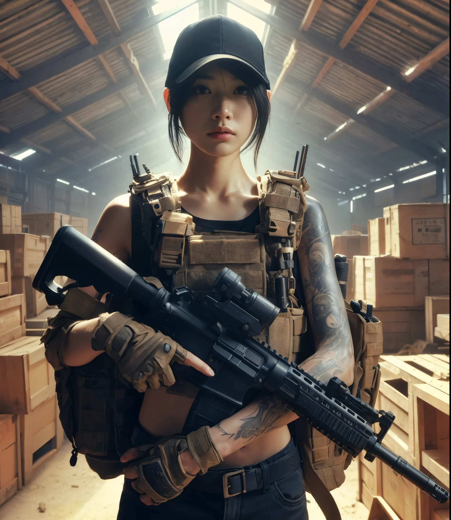 8K,realistic photo、realistic skin texture、A beautiful Japanese woman in the American military is in an old warehouse that is no longer in use.、There is a hole in the roof and light shines in.、Dust is flying、A large wooden box placed casually is partially broken.、bulletproof vest、Holding an automatic rifle、with caution、Backpack、wearing a baseball cap、It is dirty、tattoo