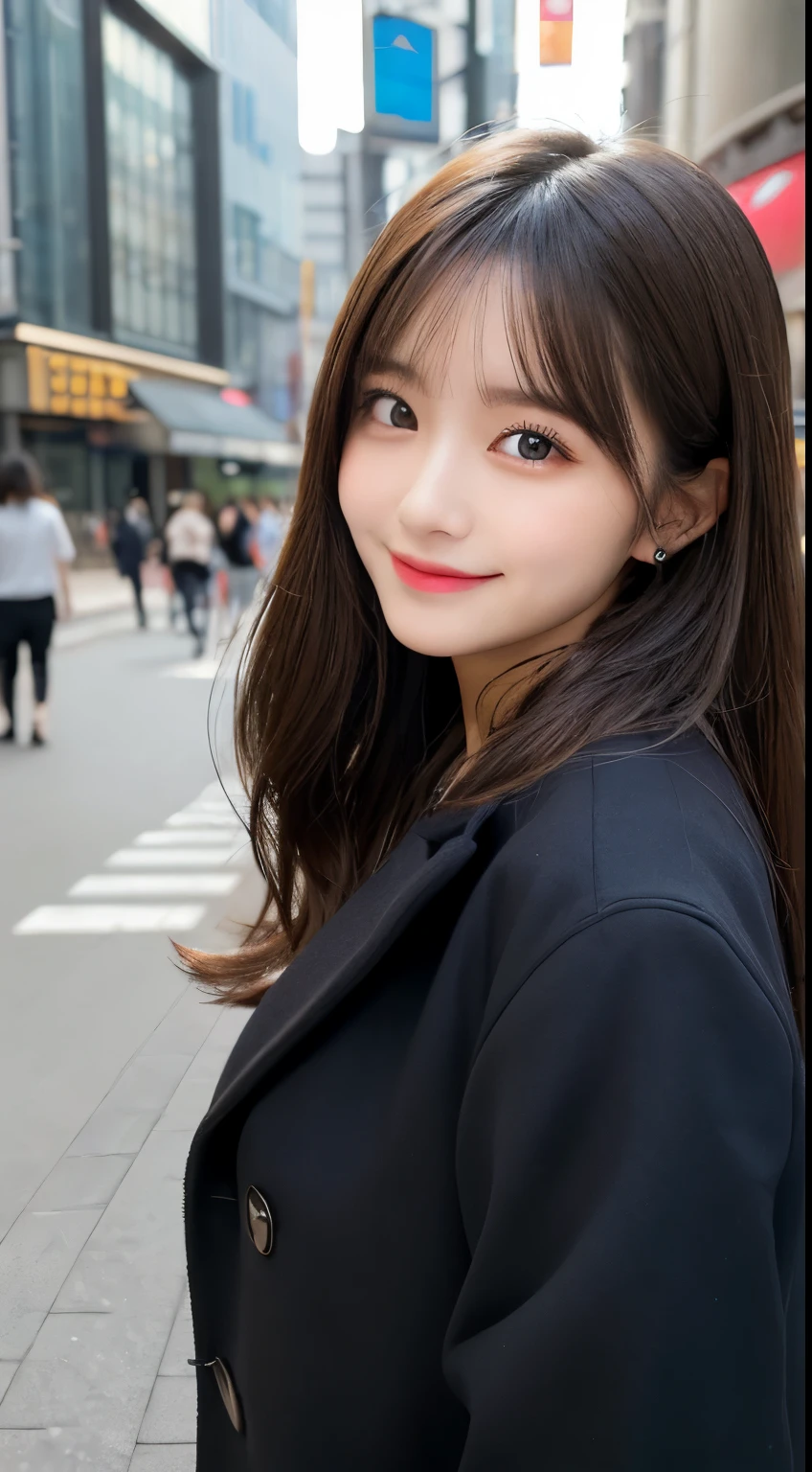 table top, highest quality, shape, Super detailed, finely, High resolution, 8k wallpaper, 完璧なダイナミックな構shape, beautiful and detailed eyes, tokyo trend春ファッション,tokyo trend&Introducing cute hairstyles at random, small breasts, natural color lip, random sexy pose,cute smile,big city、20 year old girl、Beautiful and dense face、perfect and beautiful face,Big eyes、Wear fluffy black outerwear、beautiful and detailed face、perfect and beautiful double eyelids、blur the background、perfect and beautiful face、Feminine poses、blur the background