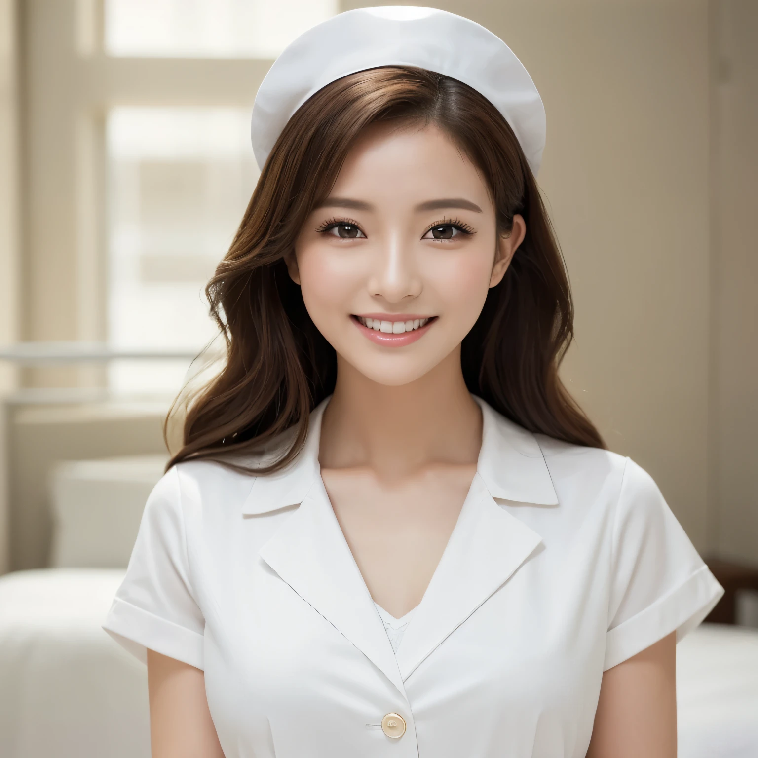 (highest quality、table top、8K、best image quality、Award-winning work)、1 nurse、(solo:1.2)、(The perfect and most natural nurse's pure white lab coat:1.1)、(Perfect and most natural white plain nurse cap:1.1)、The most natural and perfectly organized hospital room、A perfectly organized hospital room、The most natural and practical hospital room、blurred background、big breasts、emphasize body line、(standing elegantly:1.1)、(beautiful nurse advertising image:1.1)、(Photo above the chest:1.3)、the biggest smile looking at me、accurate anatomy、(Beautiful skin that shines very brightly:1.3)、(very bright:1.3)、Super high-definition glossy skin、Super high-definition sparkling eyes、Super high definition beautiful hair、Super high definition beautiful teeth