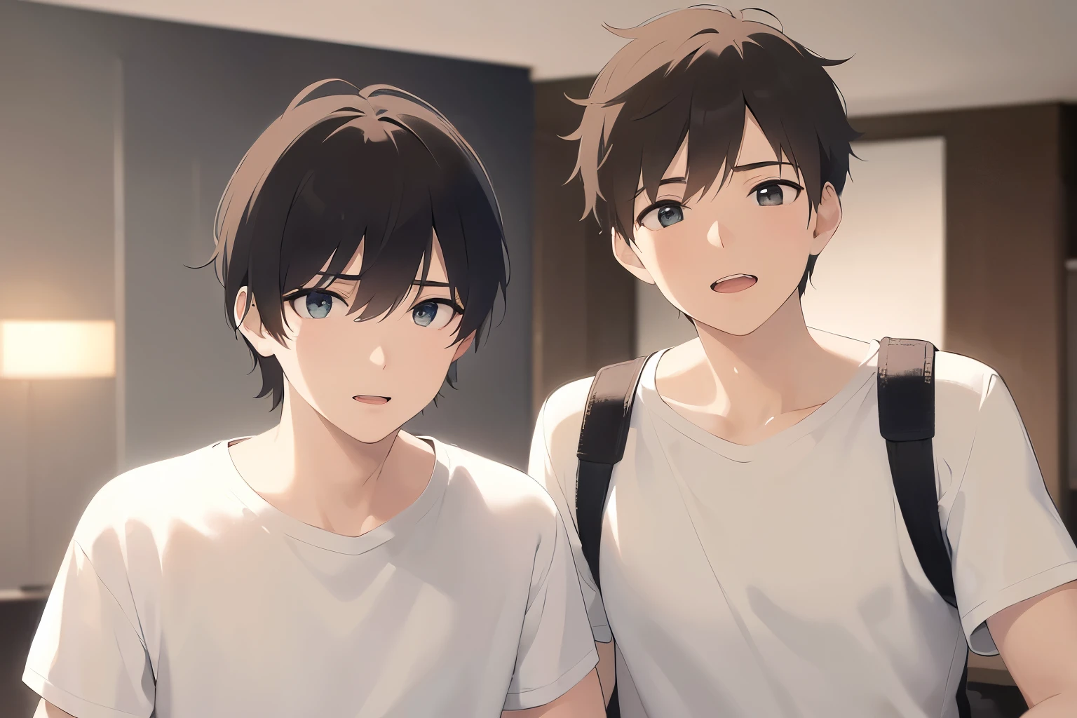 side angle, masterpiece、highest quality、(25 year old male:1.5) and (brown short hair) and (green eyes), wearing a white T-shirt、Are standing、surprised, open mouth、The background is the living room at night、(Alone:1.5)、Upper body is shown、
