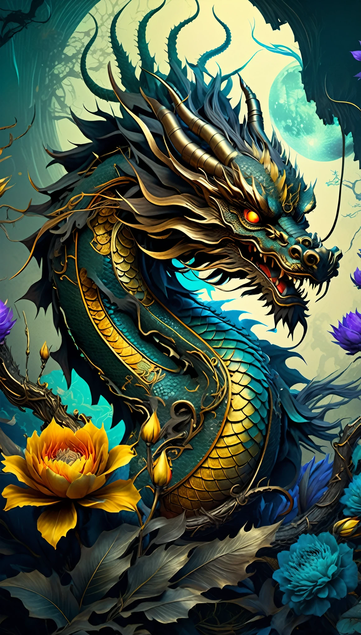 (((Visually captivating detailed description:1.4))), (((Chinese dragon depicting awe and magnificent details:1.3))), (((Radiosity rendered in stunning 32K resolution:1.3))), Everything is in sharp focus, Unparalleled sharpness and clarity, (((Radiosity rendered in stunning 32K resolution:1.3))), 最high quality, high quality, Imagine a visually striking illustration of a Chinese dragon, Creative flowers with neon brush strokes and a subtle matte finish. very beautiful、Unique and diverse drawing styles, Color Style A perfect blend of steampunk and dark fantasy rich colors, Beautiful shiny texture, A style that combines science fiction and dark fantasy, The essence of military weapons and future technology, Mesmerizing levels of complexity and precision, High-definition beauty at the pixel level, elaboration shading, Attention to the most intricate details. Elegant strokes with a variety of touches and dynamics, Mysterious brushstrokes and a matte finish, (((Amazing depiction of highly detailed quality:1.3))), (((A breathtakingly beautiful masterpiece:1.3))), A breathtakingly beautiful masterpiece,