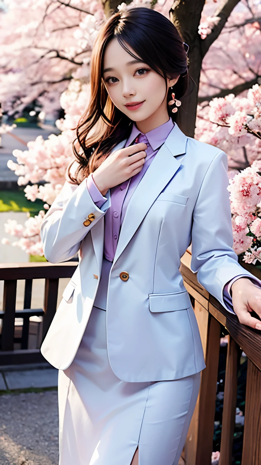 woman, formal suits in soft colors, soft colored hair、cherry blossoms吹雪、forest、cherry blossoms、smile