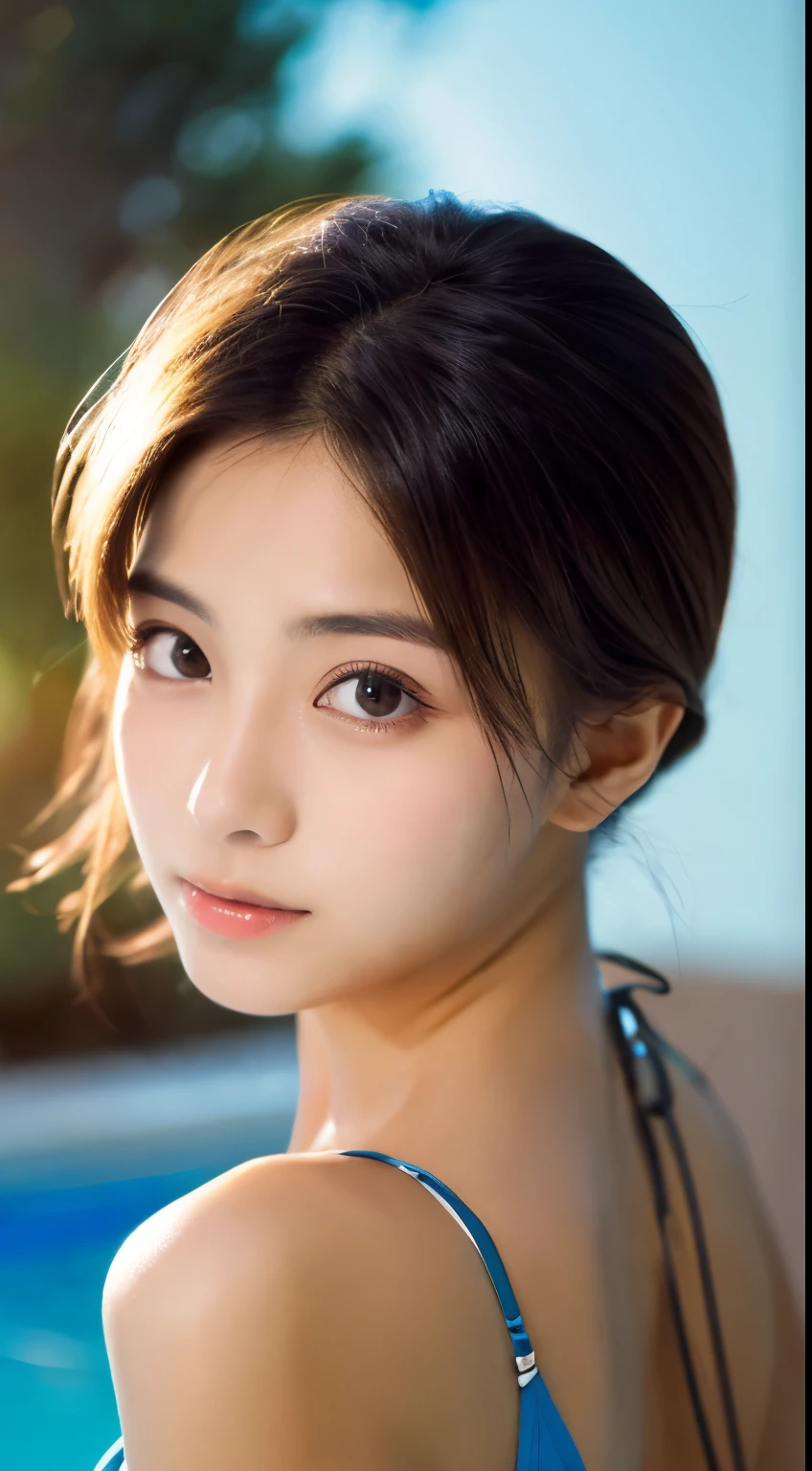 Ulchan-6500-v1.1, (Raw photo:1.2), (Photoreal), beautiful detailed girl, very detailed目と顔, beautiful and fine eyes, huge file size, High resolution, very detailed, highest quality, [masterpiece:1.6], enlightenment, very detailed, nffsw, finely, highest quality, 8k wallpaper, movie lighting, 1 girl、Cute sagging eyes、beautiful big eyes、【sexual excitement:1.6】、There&#39;s a light in my eyes、black bikini swimsuit、(pool:1.2)、(dynamic pose:1.2)