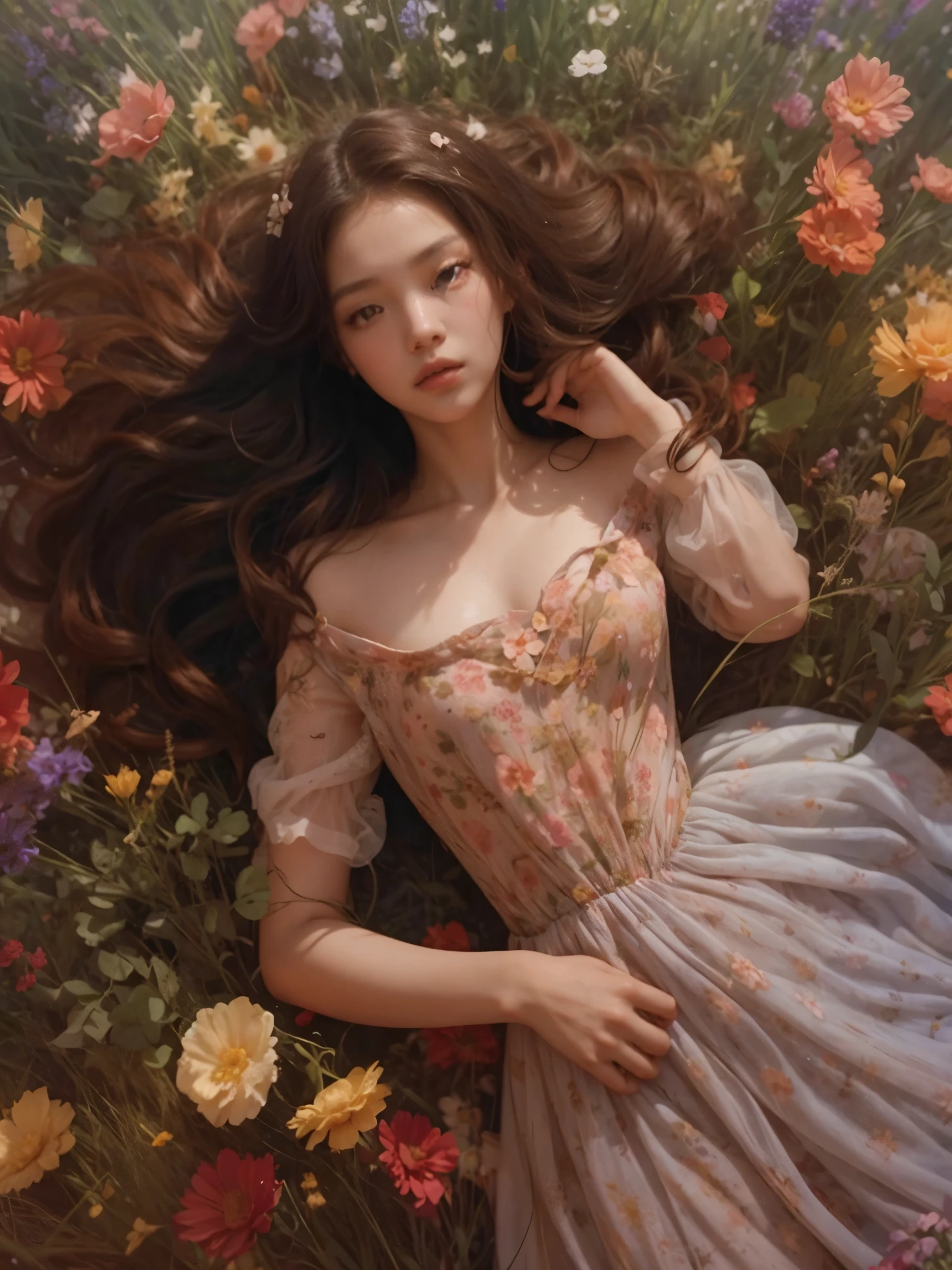 Mujer arafed recostada sobre un lecho de flores con los ojos cerrados., Girl in a flower bed, monia merlo, Kim Jennie blackpink, Dreamy and ethereal, flower dream, girl floating in a flower field, mujer en flores, ophelia, Tom Bagshaw. Oil painting, en un campo de flores, chica en flores, lovely languid princess, Asian, Jennie, hermosa