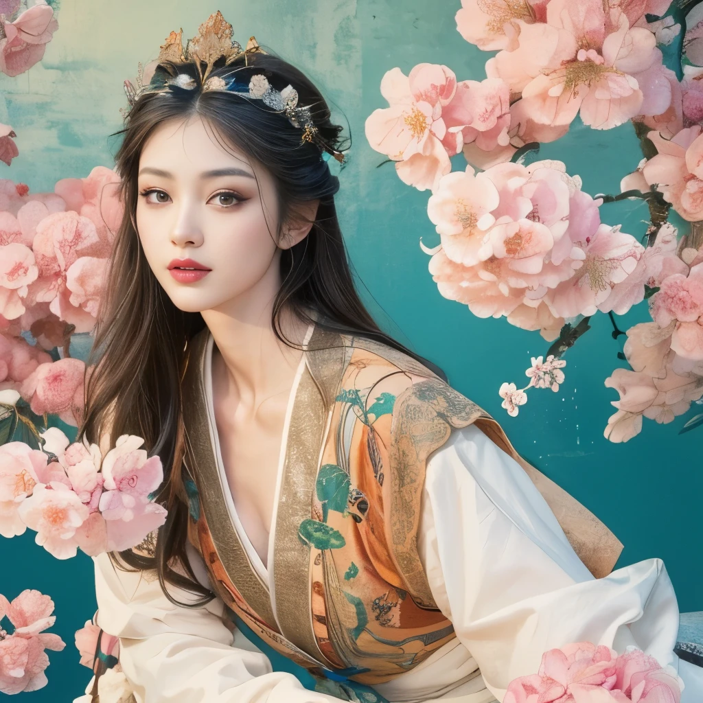 Blue sky and white clouds，Yunshan in the distance、tower and many people，pink flowers，Cherry tree，Hanfu woman,Phoenix Crown Tiara、Detailed embroidery、穿Hanfu裤袜、Hanfu、穿着长袖Hanfu、Transparent and clearly visible、Look and、Bare oversized breasts、raw,(8K、top quality、masterpiece:1.8)、(intricate details:1.8)、(Realism:1.8)、Octane number renderings、Complex 3D renderings with ultra-details, Studio soft light, edge light, Vibrant details, Ultra-detailed, Realistic skin texture, Details, beautiful eyes, Very detailed CG Unity 16k wallpaper, cosmetics, (Detailed background:2.0), clear fingers，beautiful fingers，skin glowing、spread your legs，Camel toe showing thigh!!!、