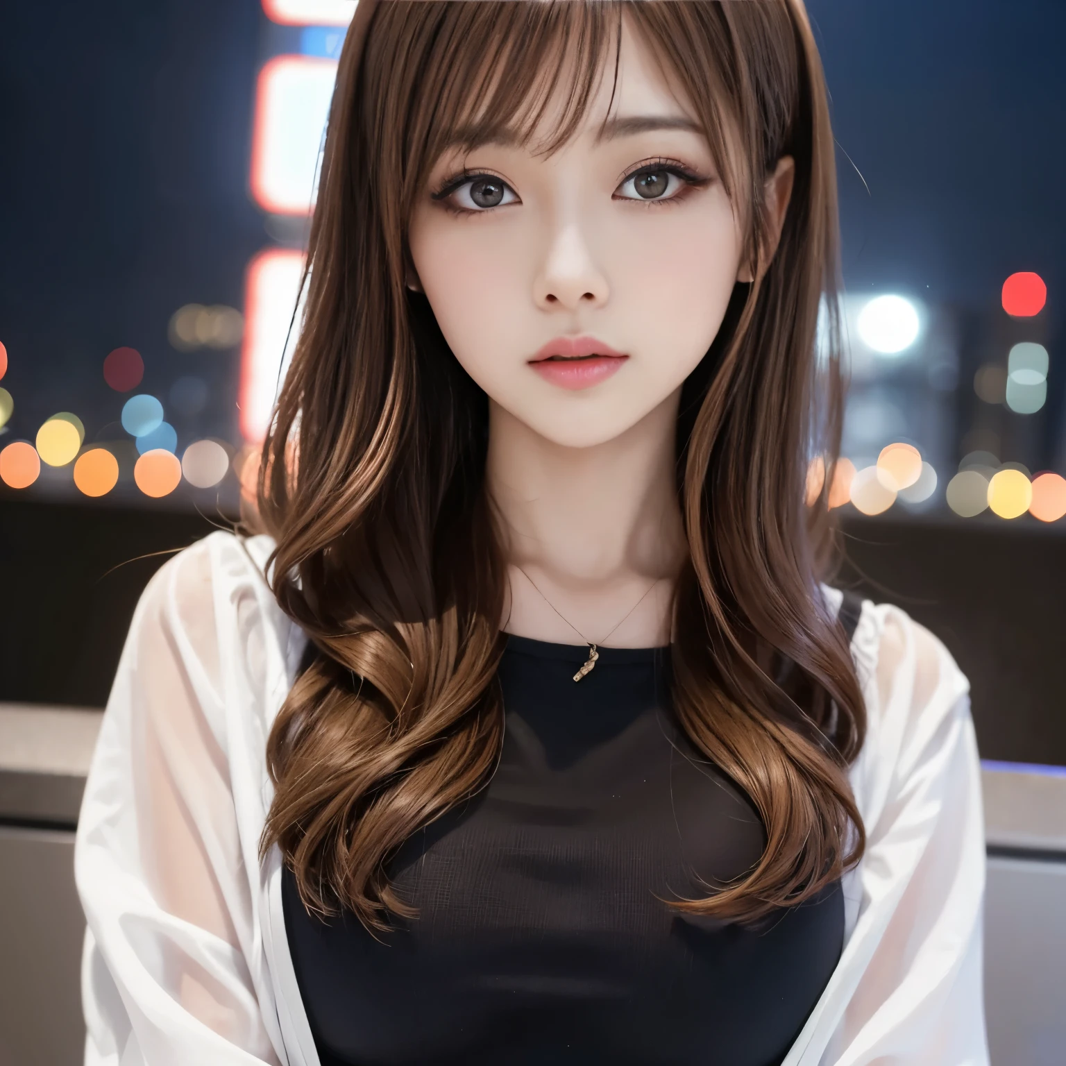 masterpiece、1 beautiful girl、detailed eye、puffy eyes、highest quality, 超A high resolution, (reality: 1.4), movie lighting、Japanese、asian beauty、Korean、Super beautiful、beautiful skin、Slender、body facing forward、close up of face、(surreal)、(High resolution)、(8K)、(very detailed)、(beautiful detailed eyes)、(super detailed)、 (wallpaper)、detailed face、bright lighting、professional lighting、looking at the viewer、look straight ahead、slanted bangs、night scene、brown hair、Nogizaka Idol、korean idol、Gravure idol pose、、25 years old、