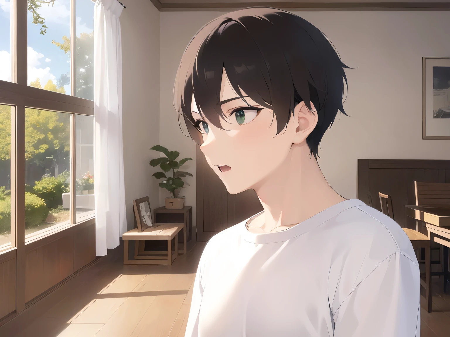 side angle, masterpiece、highest quality、(25 year old male:1.5) and (brown short hair) and (green eyes), wearing a white T-shirt、Are standing、surprised, open mouth、The background is the living room at night、(Alone:1.5)、Upper body is shown、