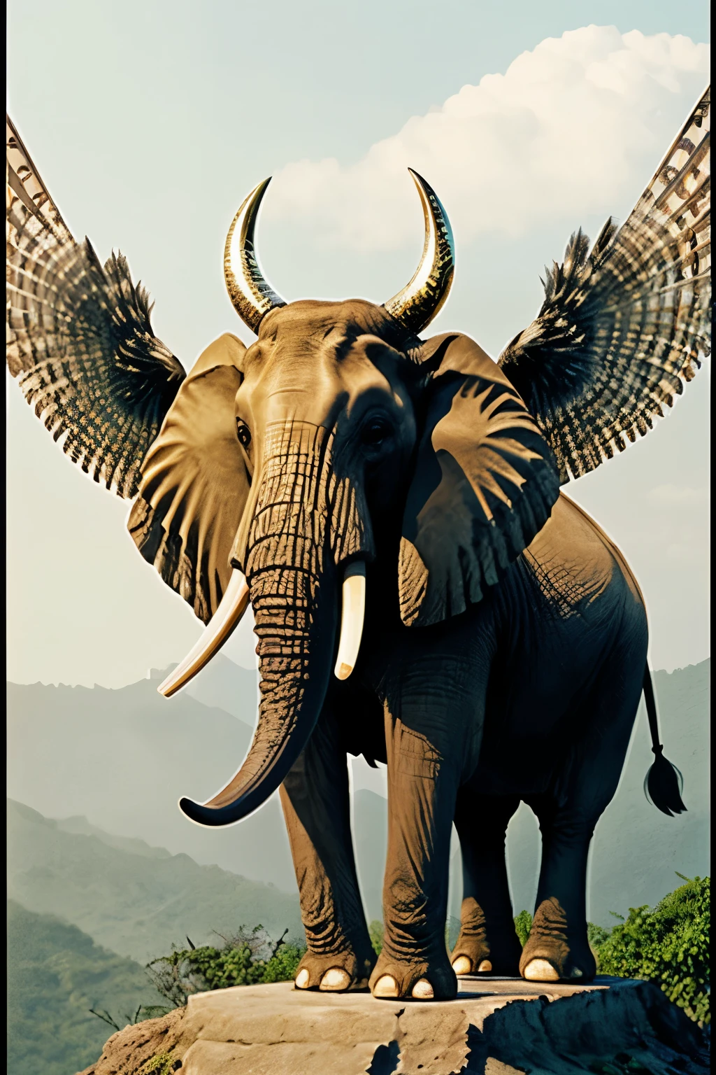 elephant with a horn of a carabao and wings of an owl