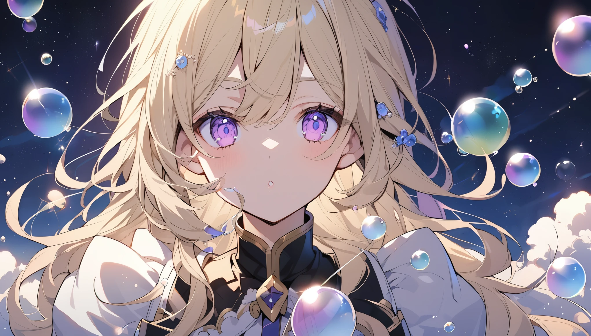 Light blonde girl in anime style，Violet eyes blowing bubbles under the stars